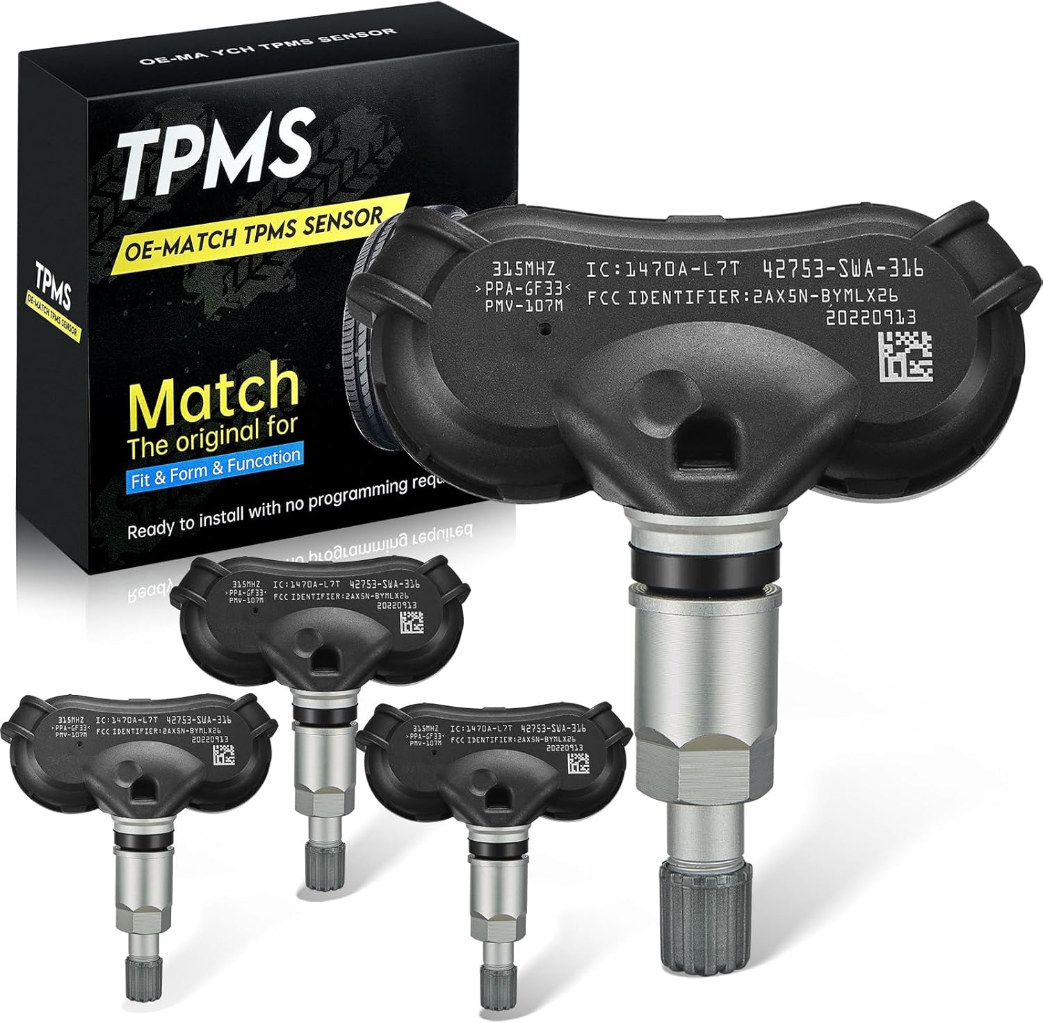 TPMS Sensor 42753-SWA-316 for GM 315Mhz Tire Pressure Monitoring Sensor Compatible with Honda Accord Crosstour CR-V Fit 2007-2015 Tire Sensor Replaces 42753-SWA-315 (4 Pack)