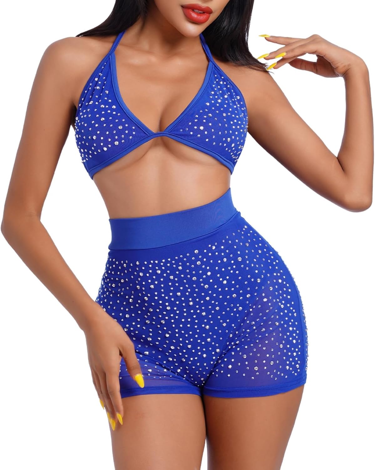 Women Sparkle Rhinestone Mesh Sheer Bikini Sets Halter Bra Top High Waist Shorts Bottom Swimsuits Rave Outfit