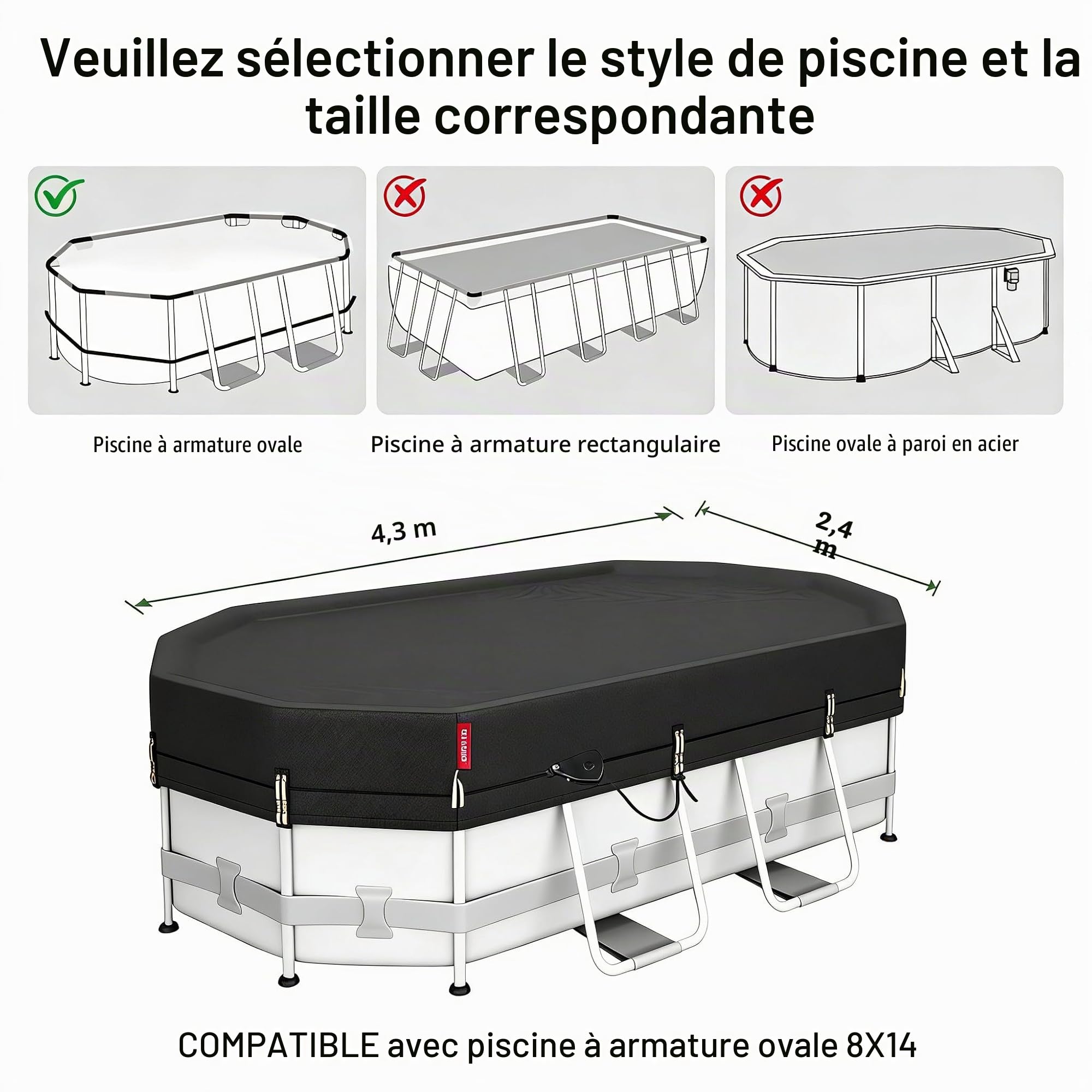 QH.Home Bâche d'hiver Ovale pour Piscine Ovale Bestway/Intex/Coleman de 2,6 x 4,3 m, Tissu Robuste amélioré Durable et Coupe-Vent Ultime avec cliquet à Serrage Rapide, résistant au Froid et aux UV