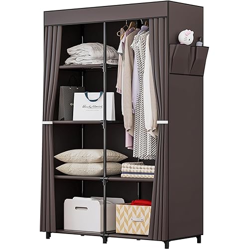INGIORDAR Portable Closet Wardrobe Organizer Storage with Cover Non-Woben Fabric Portable Wardrobe Closet for Hanging Clothes Racks Shelving 34 Inch for Bedroom, Coffee
