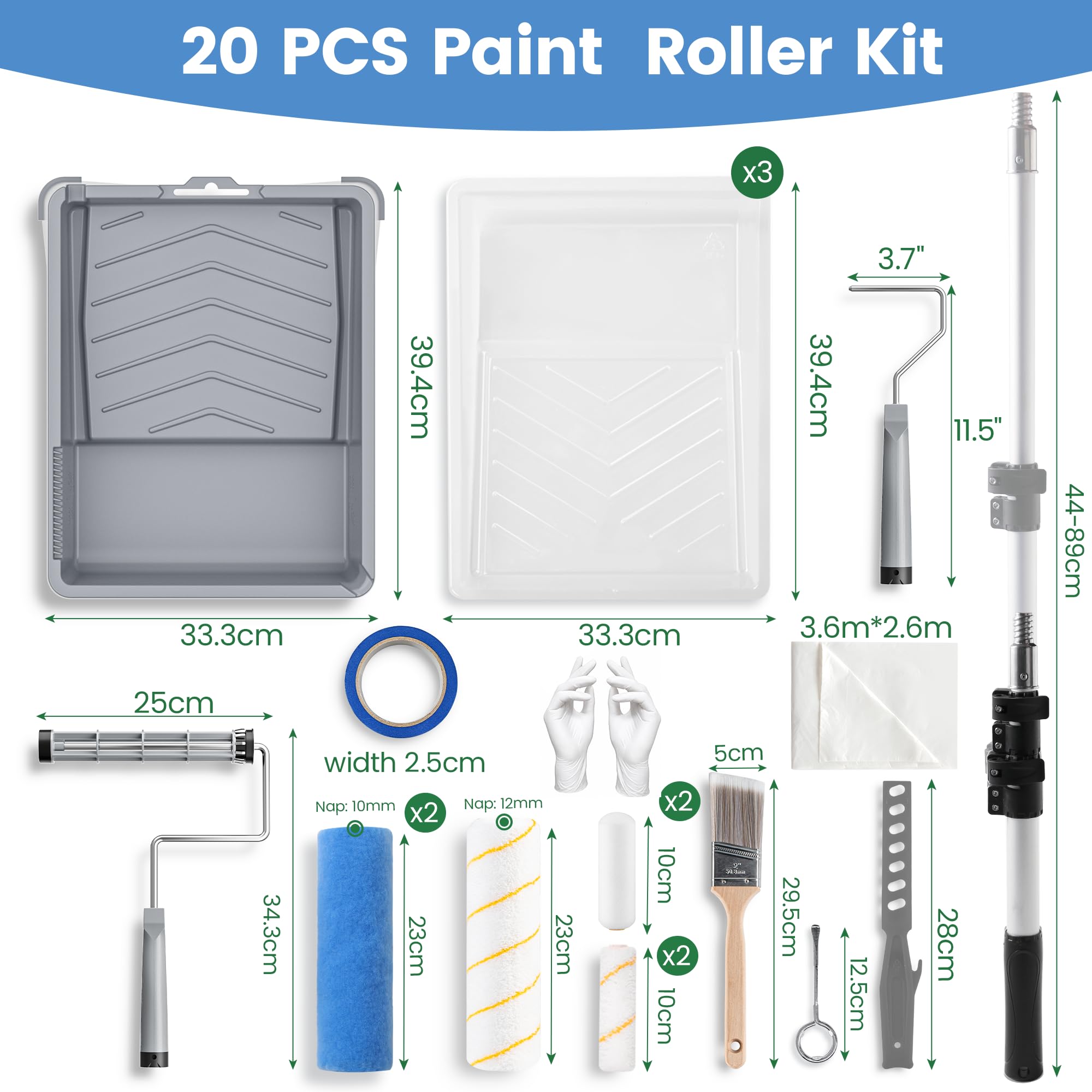 VOOMEY Kit di 20 rulli per pittura con asta di estensione, rulli da 22,9 cm e 10,2 cm, telaio a rullo in microfibra, kit per pittura domestica, pennelli per dipingere pareti