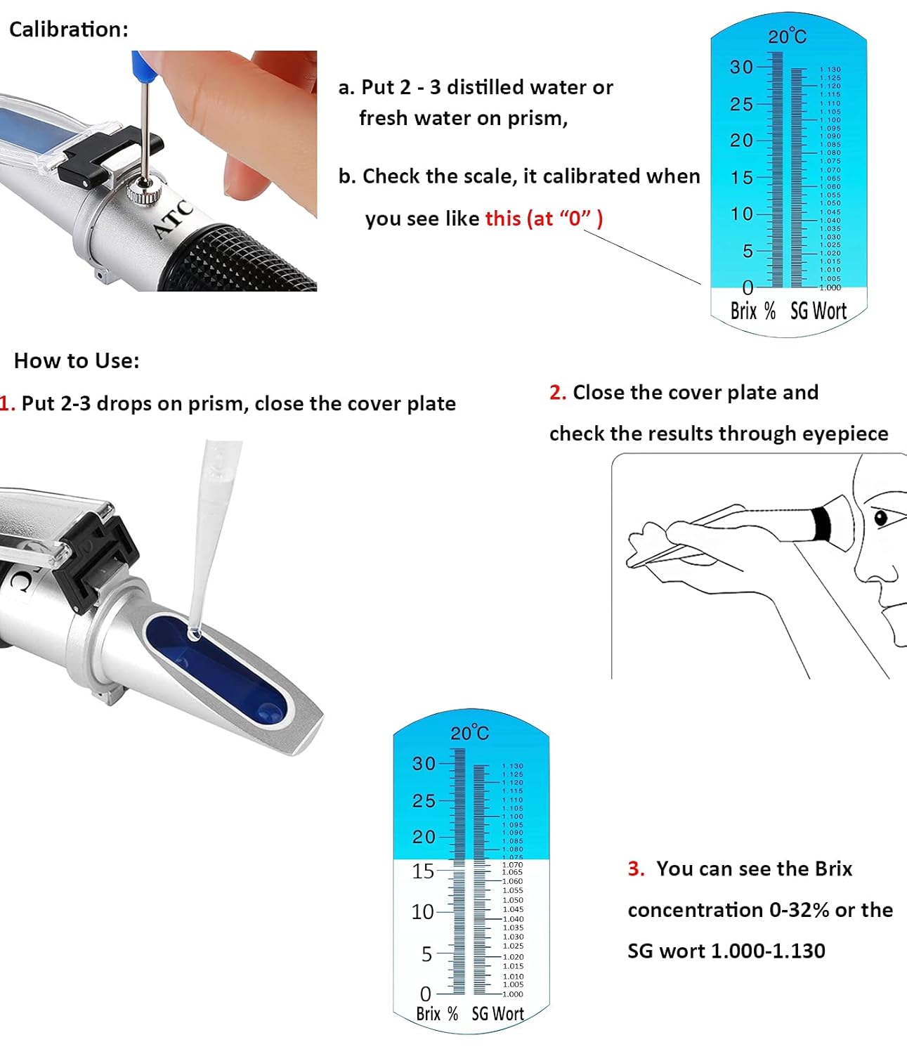 Dual Scale Beer Refractometer Specific Gravity 1.0001.120 and Brix 0