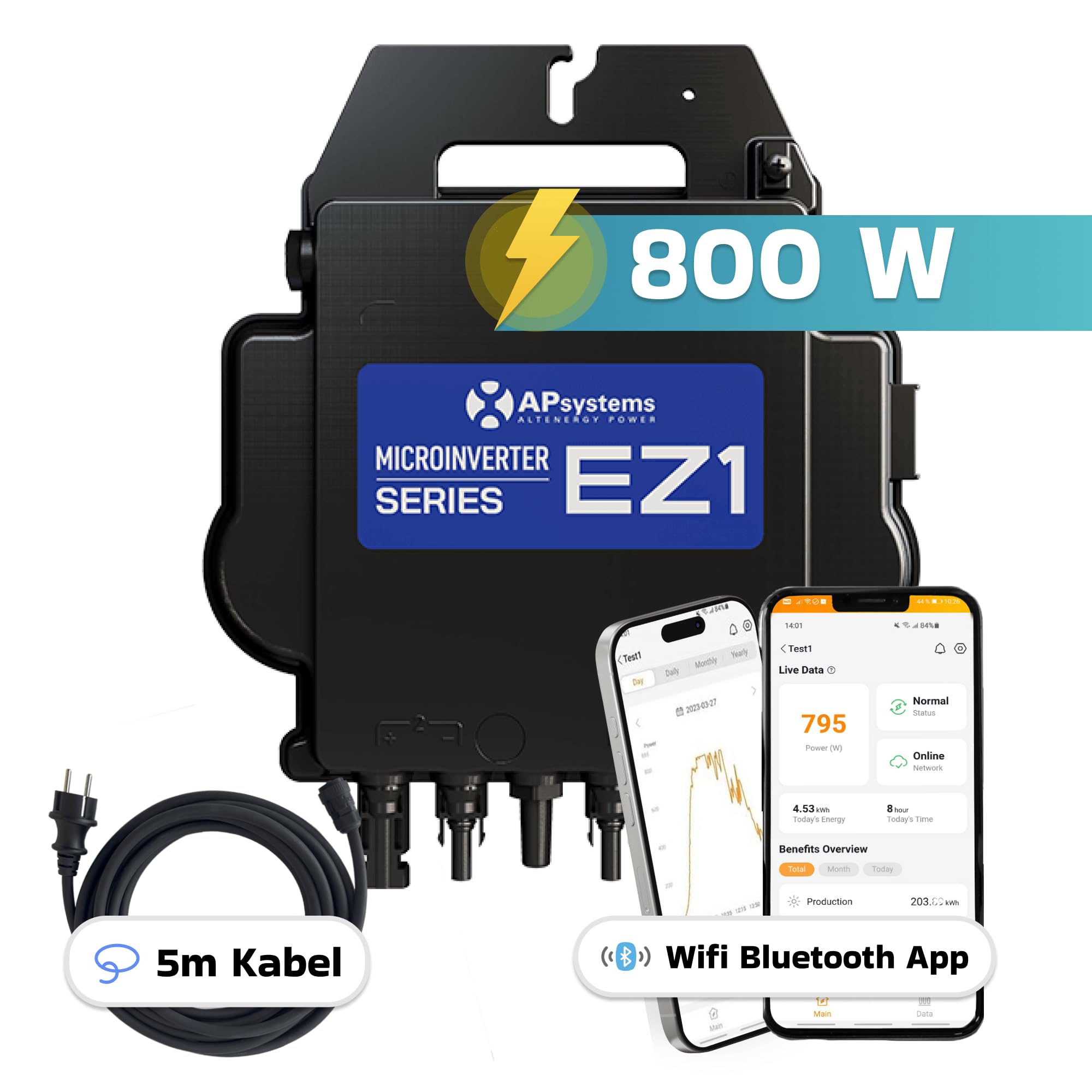 AP Systems Mikro-Wechselrichter 800 W EZ1-M-EU für Balkonkraftwerk, IP67 wetterfest, Plug-&-Play Installation, 2 MPPT, Bluetooth & WiFi, inkl. 5 m Anschlusskabel Micro Inverter