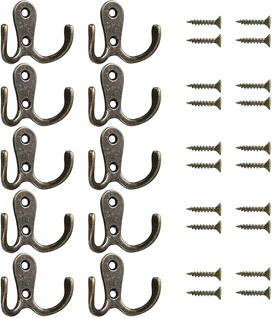 Beilala 10 Pack Double Coat Hooks Door Wall, Bedroom Bathroom Vintage Metal Hook Hanging Clothes, Robe, Towel, Hat, Key, with 30 Screws (Bronze)