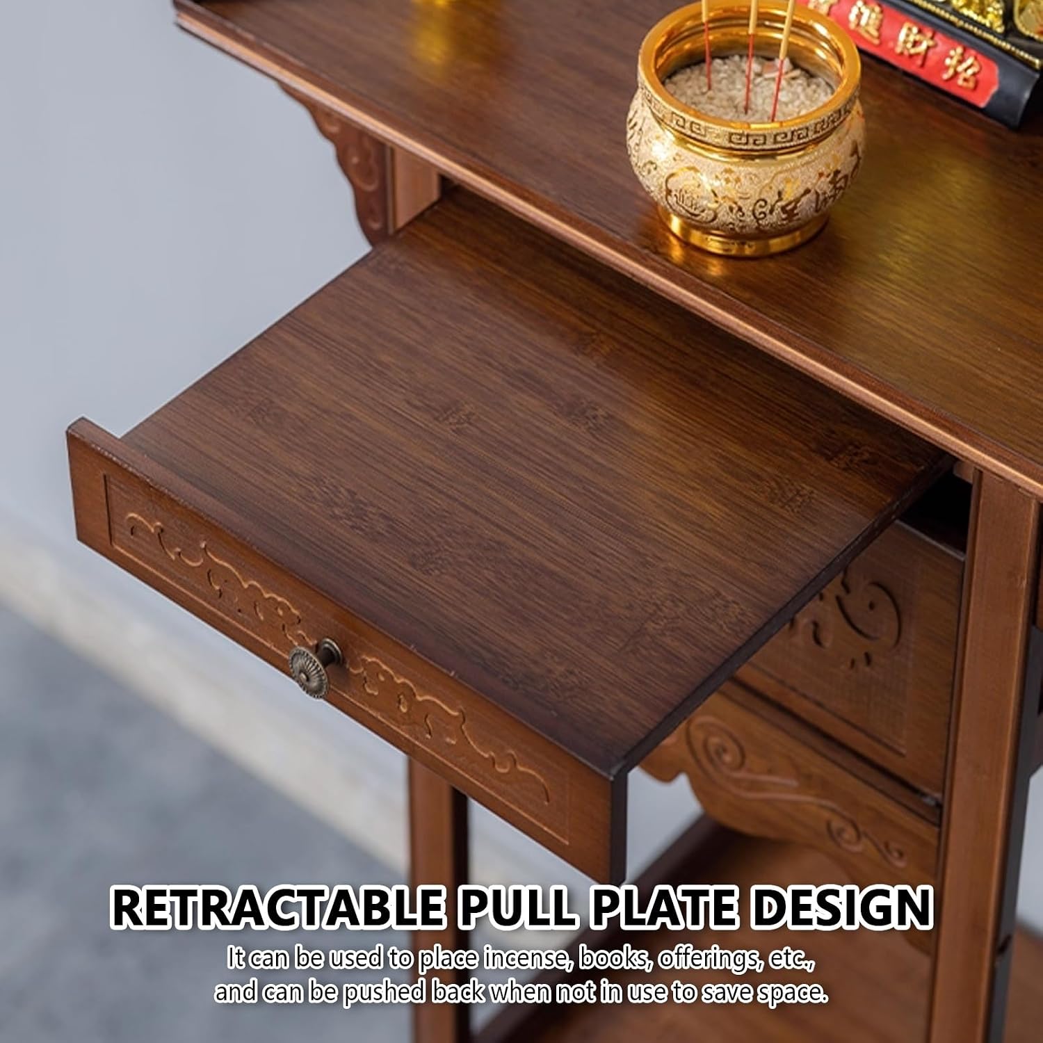 Meditation buddhist table with retractable shelf, churches shrines altar shelf, Vintage Buddha statues sacrificial table with drawers, home shrine altar for prayer, for Buddha statues, offerings.
