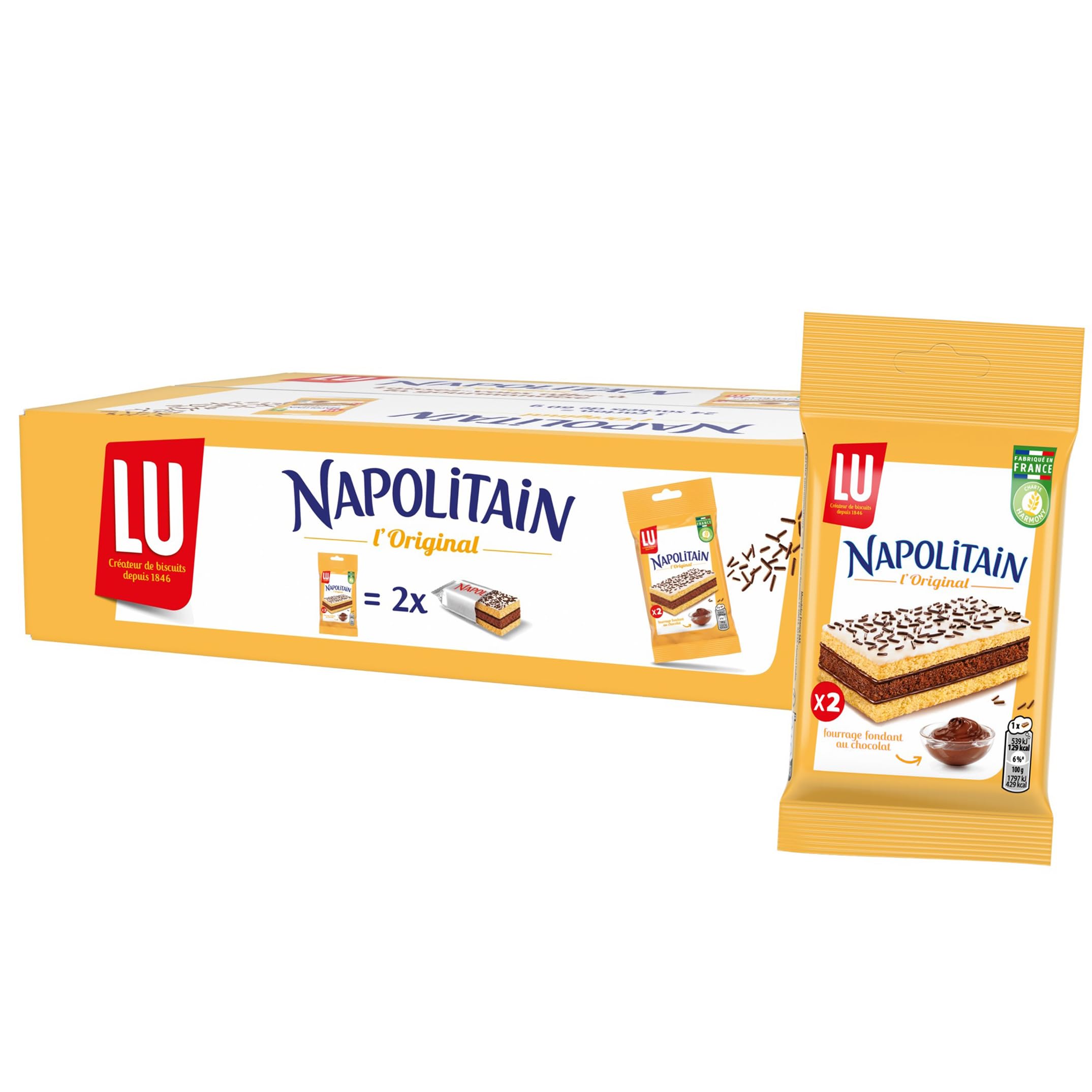 LU - Napolitain - Gâteaux Individuels Moelleux Fourrés au Chocolat - Idéal pour le Goûter des Enfants - Format Pocket Pratique - Fabriqué en France - Carton de 24 sachets de 2 gâteaux