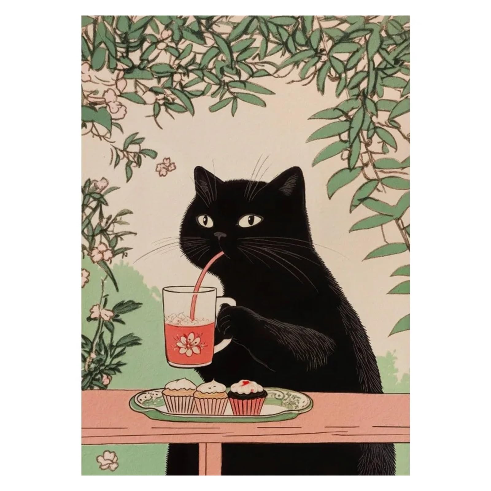 Graiting 1pc Noble Tabby Cat Eating Ramen Fuji View Poster Wall Pictures Canvas Painting Home Bathroom Decor(1,30x40cm)