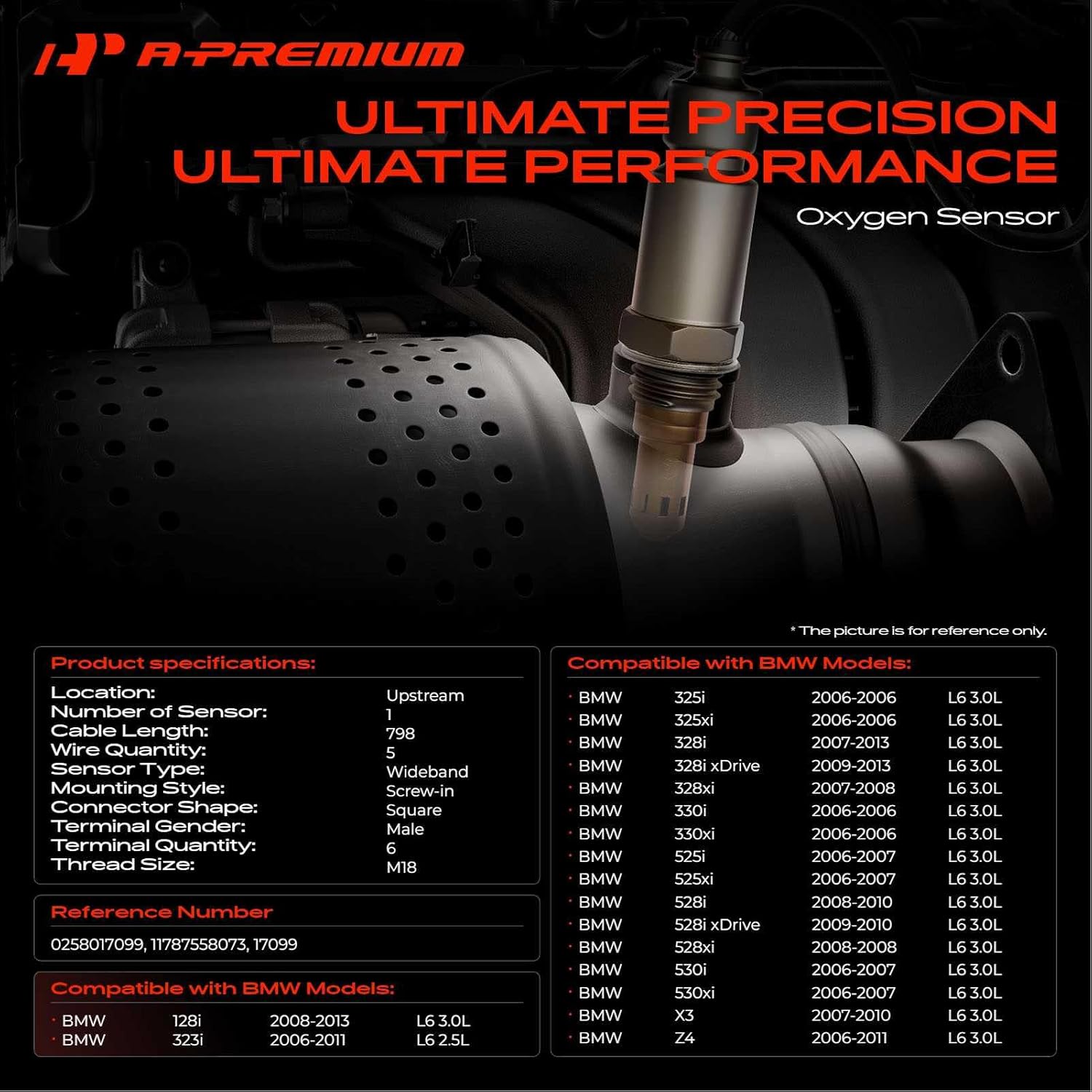 A-Premium O2 Oxygen Sensor Compatible with BMW 3-Series 323i 325i 328i 330i, 5-Series 525i 528i 530i, X3 Z4, L6 2.5L 3.0L, Upstream Cyl 4-6, Replace# 11787558073, 0258017099
