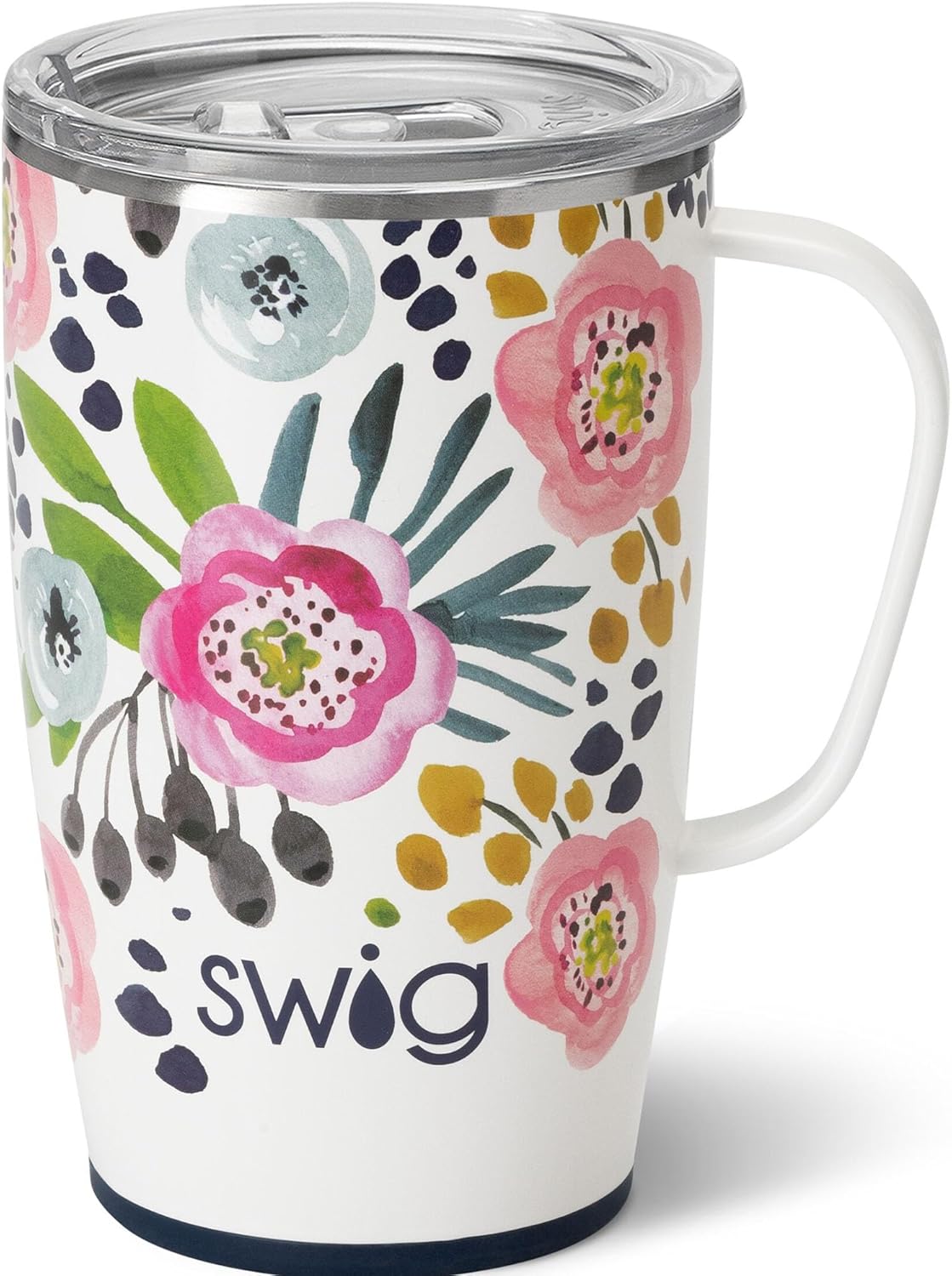 Swig Life 18oz Travel Mug, Insulated Tumbler with Handle and Lid, Cup Holder Friendly, Dishwasher Safe, Stainless Steel, Travel Coffee Cup (Primrose)