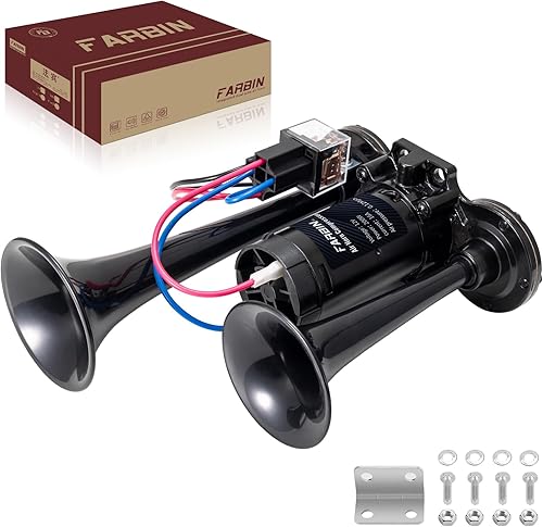 Vista 29 de FARBIN Bocina de aire para camión Bocina de tren para coche ruidoso bocina de coche con botón Bocinas de camión con compresor 12 V Airhorns Bocinas