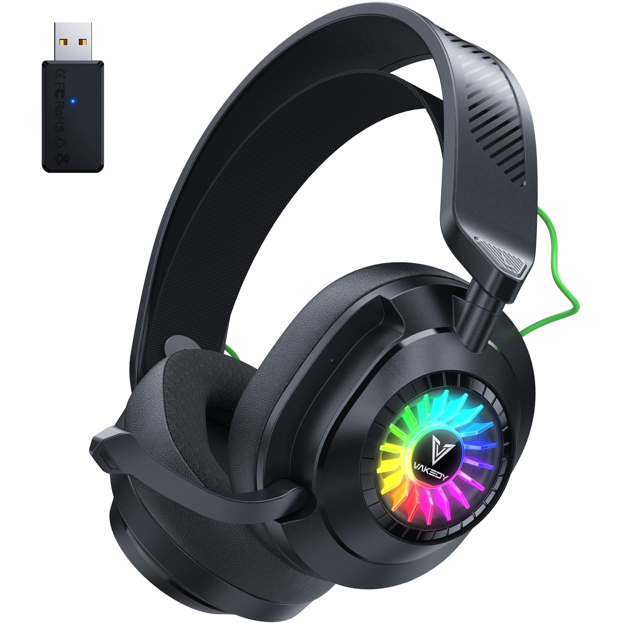 Vakedy HW10 Cascos Gaming Inalámbricos para PS5, PS4, PC, Switch, Cascos Bluetooth 2.4GHz con Micrófono con Cancelación de Ruido, 50H Batería, RGB para Portátil, Móvil y Mac (Negro)