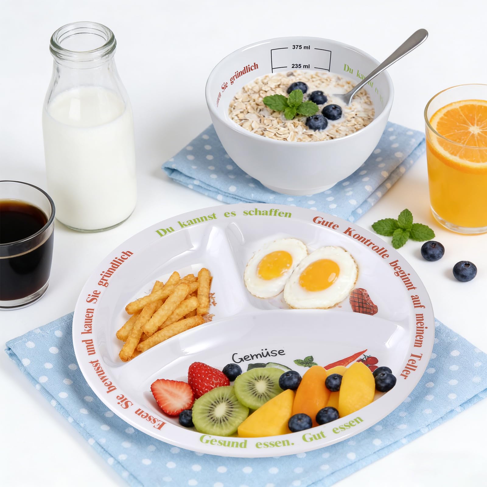 4 Set Portionskontrollteller für ausgewogene Ernährung Teller mit gesunder Ernährung für Erwachsene und Jugendliche Melamin-Unterteilungen, Gewichtsverlust(2 Teller + 2 Schüsseln)