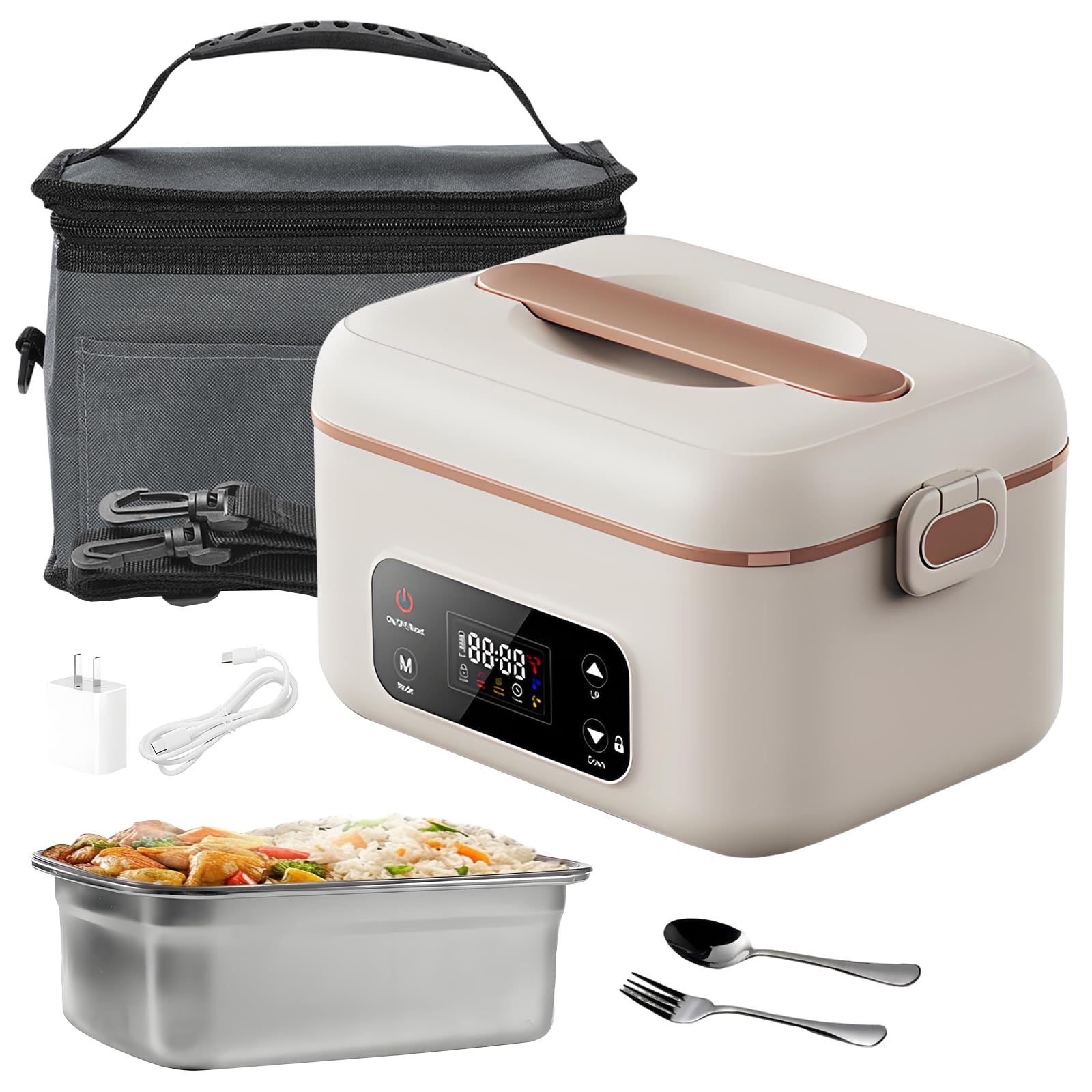 1 L - Cuenco calefactor con batería, caja de almuerzo eléctrica inalámbrica para adultos, 16000 mAh recargable con temporizador para viajes, oficina, picnic (blanco)