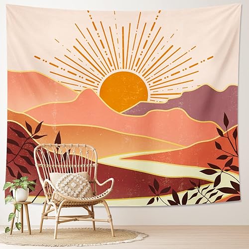 Tapiz de arte bohemio naranja con sol, estético, atardecer, vintage de los años 70, tapiz de montaña arcoíris para sala de estar, dormitorio, aula,