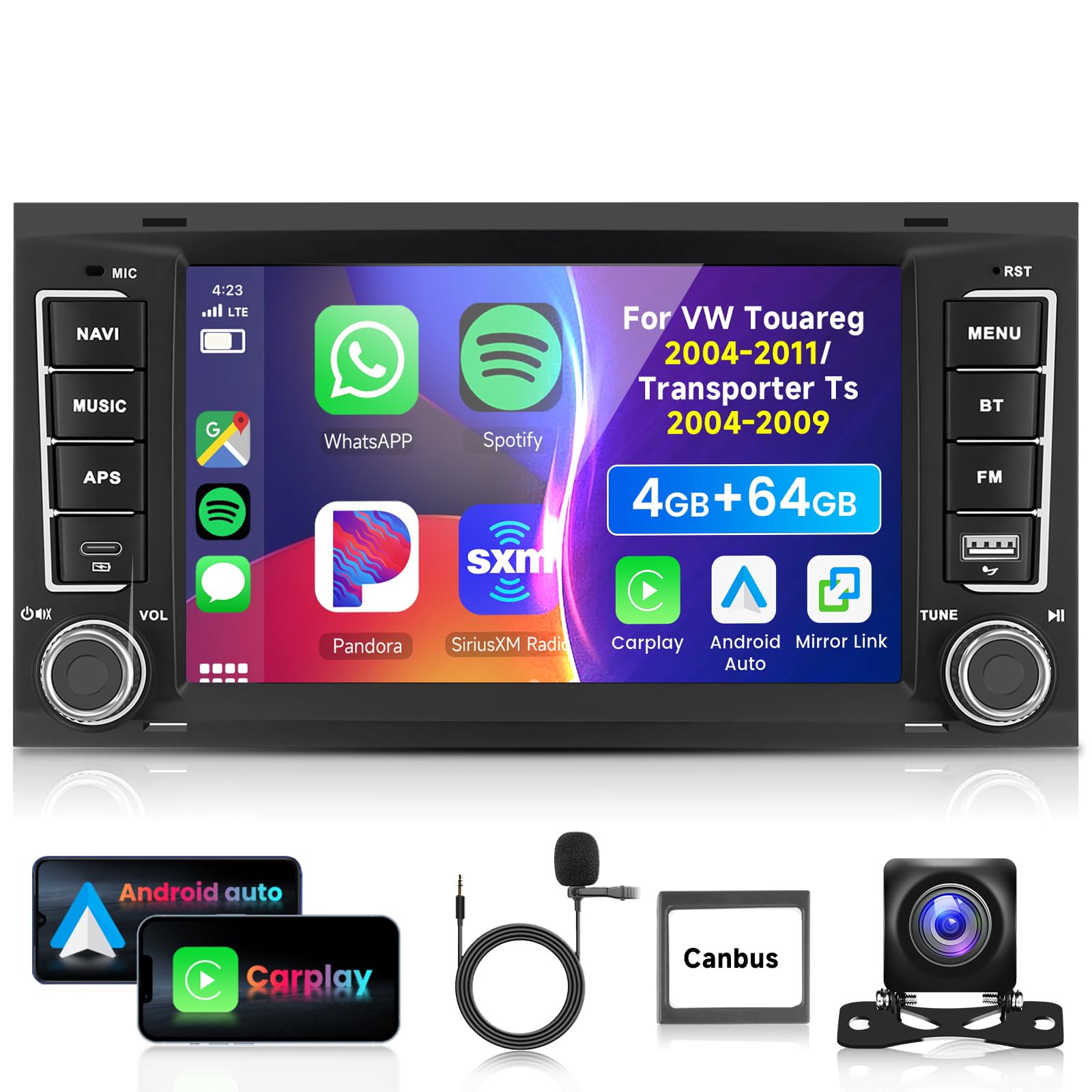 Radio samochodowe 4G/64G VECHTEL 7" do VW Touareg 2004-2011/VW Transporter TS 2004-2009 Carplay Android Bezprzewodowe Auto, EQ, WiFi GPS, RDS/FM Radio 2 Din, radio samochodowe Bluetooth z kamerą