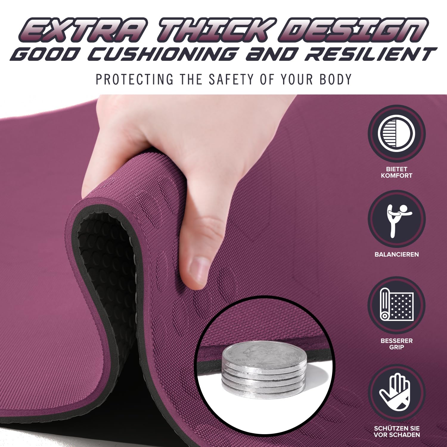 JELS - Esterilla de yoga extra ancha de TPE de 10 mm, cómoda y gruesa con correa de transporte, ideal para yoga, pilates, aeróbicos y entrenamientos de transmisión en vivo (72 x 32 x 2/5 pulgadas)