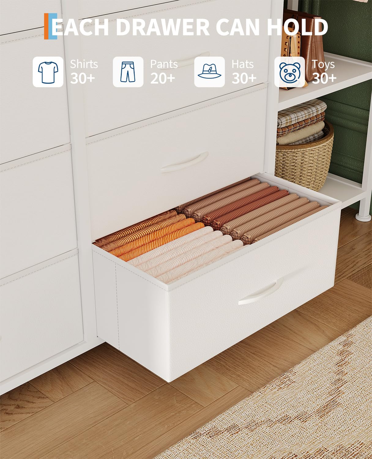 Garvee Commode De Rangement 16 Tiroirs avec Penderie Et Étagères – Organiseur en Tissu pour Chambre, Dressing Ou Entrée, Blanc