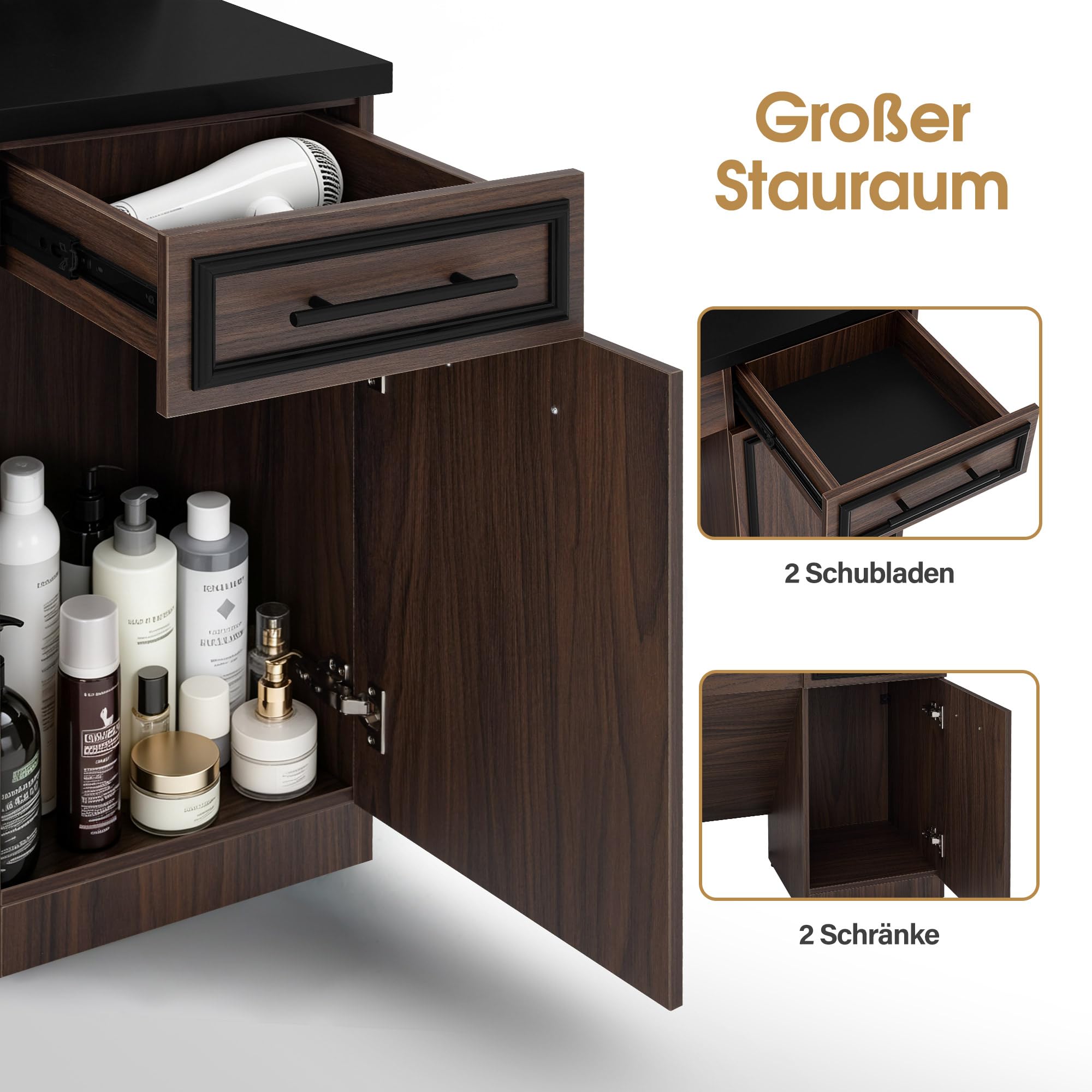 Barberpub Friseurplatz mit 2 Schubladen, Schminktisch mit Spiegel, Bedienungsplatz mit 6 Ablagen & 2 Schränken, Spiegelschrank mit Beleuchtung, Spiegeltisch Modern, Friseureinrichtung, J3131 (Braun)