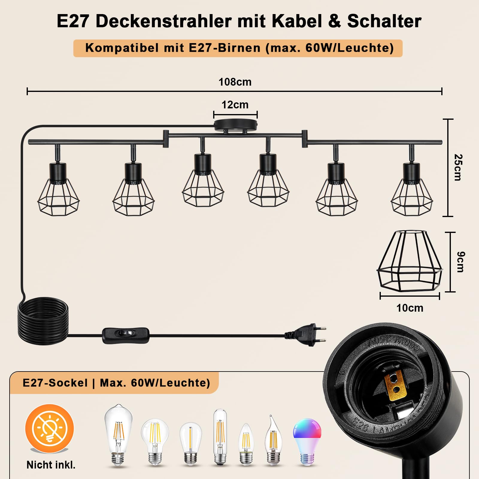HiBay Deckenstrahler mit Schalter E27 6 Flammig Wandleuchte mit Stecker und Kabel 5M Drehbare 350° Deckenlampe Schwarz Max.60W Ohne Leuchtmittel | Deckenspots mit Kabel 5M Drehbare 350° mit Stecker 230V für Wohnzimmer Schlafzimmer Max. 60W Ohne Leuchtmitt