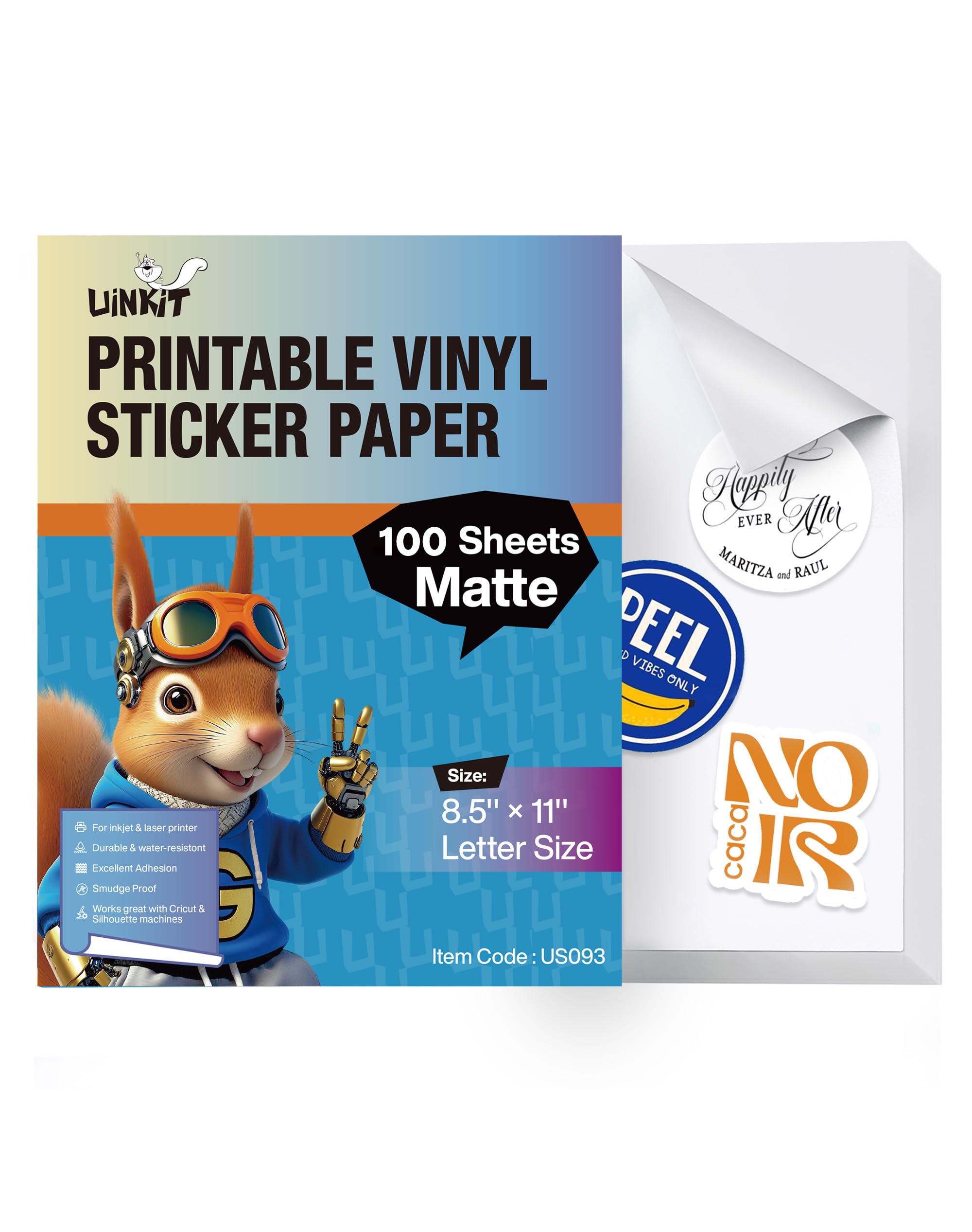 Uinkit Max-Matte Printable Vinyl Sticker Paper for Branding & Crafts - Vibrant Color, Lay-Flat, Removable Adhesive, 100 Sheets Letter Size for Cutting Machine