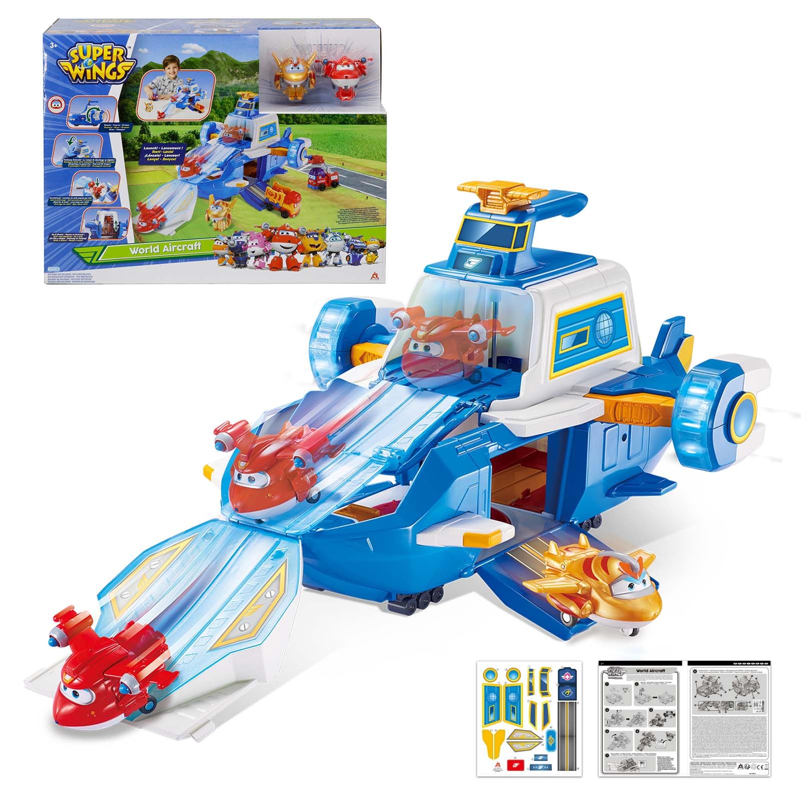 Super Wings Airport World Aircraft Playset + 2 Toy Plane and Transform-a-Bots Figures from Season 5 of the Cartoon Series Toy for Children Aged 3 and Above - Blue