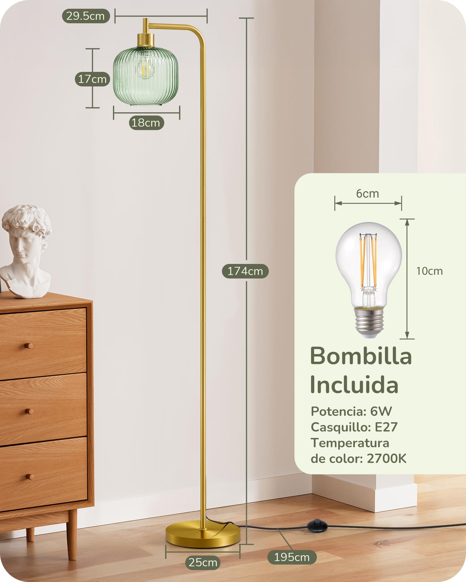 EDISHINE Lámpara de Pie, Pantalla Vidrio Caramelo, Verde Menta & Dorado | Estructura Metálica Dorada, Lámpara de Lectura Moderna con Bombilla LED E27 Incluida, 2700 K, para Dormitorio y Oficina