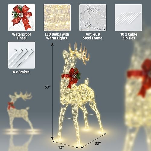 Miniatura 5 de Tangkula Reno de Navidad iluminado, decoración de Navidad para patio al aire libre con 50 luces LED, decoración navideña artificial con estacas y