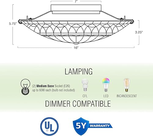 Miniatura 4 de Kira Home Mateo - Lámpara de techo de cristal Tiffany de 16 pulgadas, 2 luces, acabado negro
