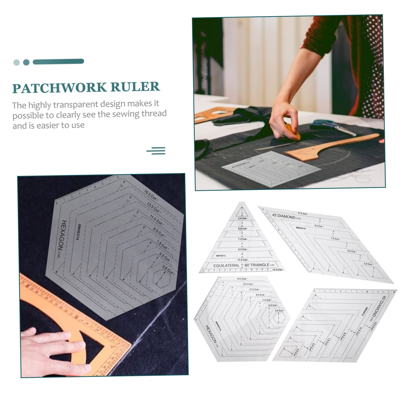 Righello per Patchwork e Quilting in Plastica Bianca 4 Pezzi | Set 4 Modelli Diversi, per Cucito Creativo Fai da Te, Facile da Trasportare