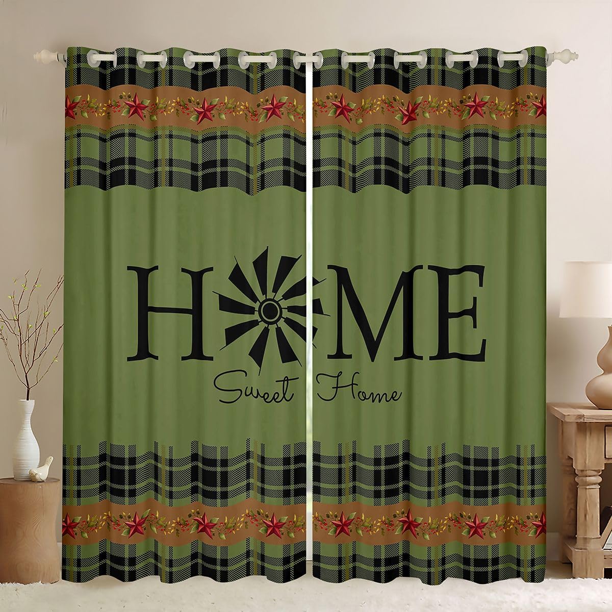Windmill Blackout Curtains 38"Wx45"L, Rustic Farmhouse Curtains & Drapes Southwestern Decor Curtains For Teens Adult Women Men Bedroom Decor, Green Plaid Buffalo Western Vintage Window Treatments