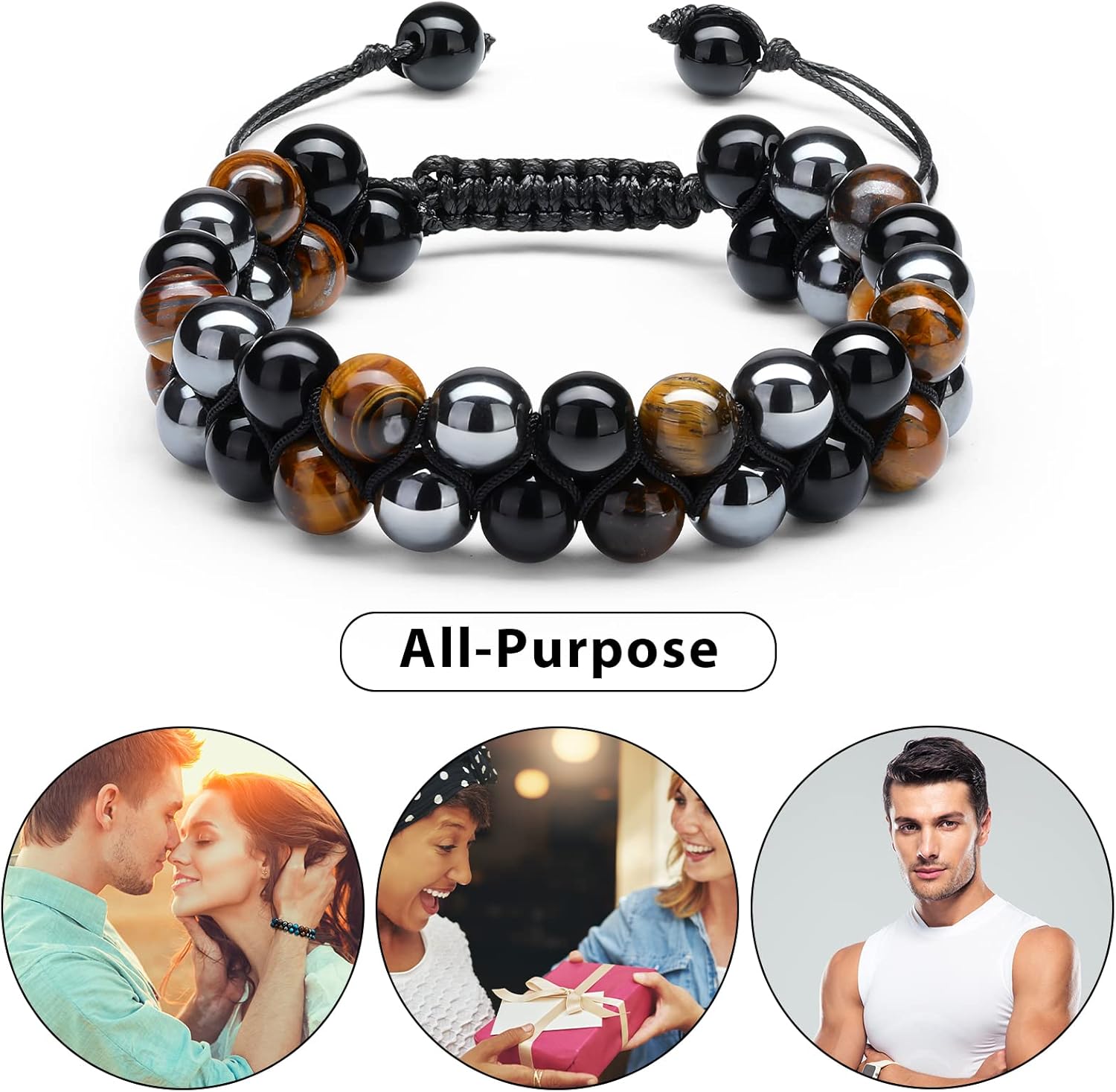 Nosiny 3 Pcs Bracelet Lava Rock Bead Bracelets 8 mm Tiger Eye Bracelet Men Hematite Obsidian Bracelet Adjustable Bracelet Gift for Men Women - Image 7