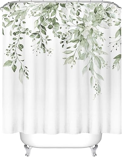 Vista 216 de Tititex - Juego de cortinas de ducha de eucalipto verde oliva, hojas de acuarela en la parte superior con decoración floral de baño, 60 x 72 Hojas