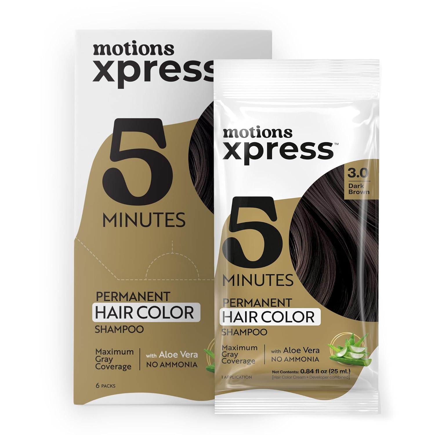Motions Xpress Permanent Hair Color Shampoo Dark Brown – 5 Minute Color, Gray Coverage, Ammonia Free, Deep Shine Hair Dye Shampoo, 0.84 Oz