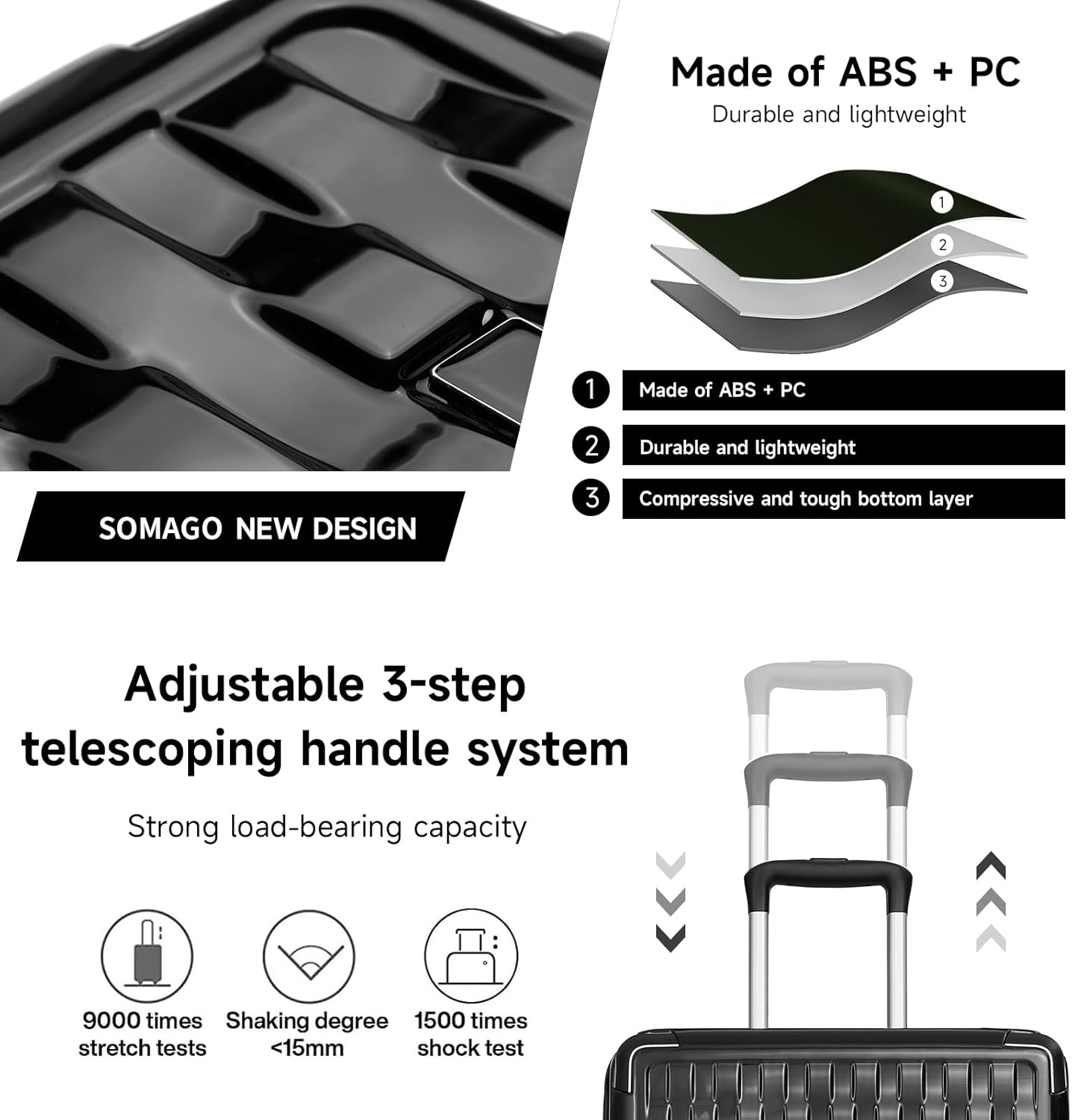 Somago Carry On Luggage 20 Inch Airline Approved PC ABS Hardside Lightweight 2 Piece Suitcase with Spinner Wheels TSA Lock YKK Zippers Woven Pattern (13"/20", Black)