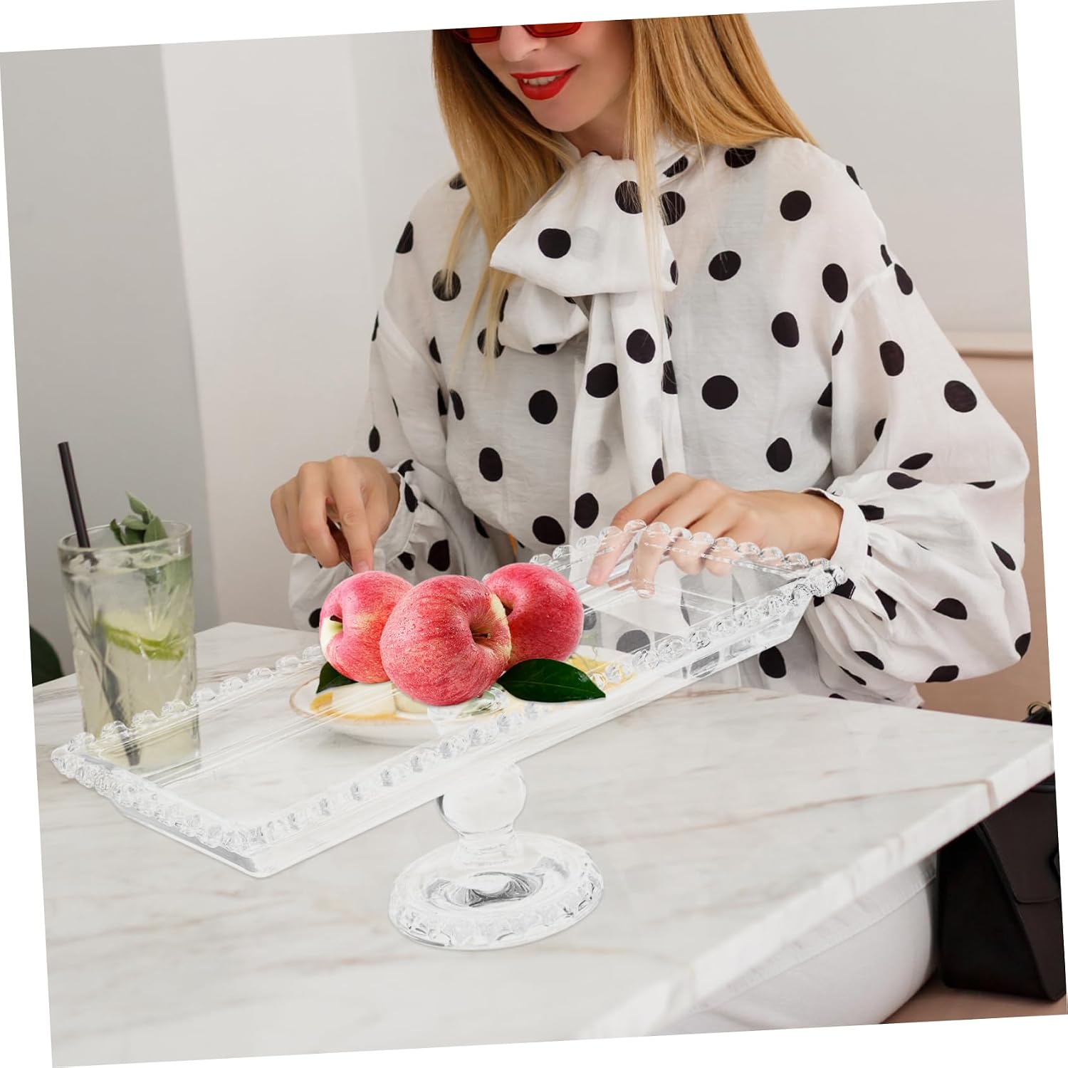iplusmile Fruit Serving Tray Decorative Dessert Plate for Home Kitchen Crystal Square Snack Holder with Elevated Base for Clean Food Display