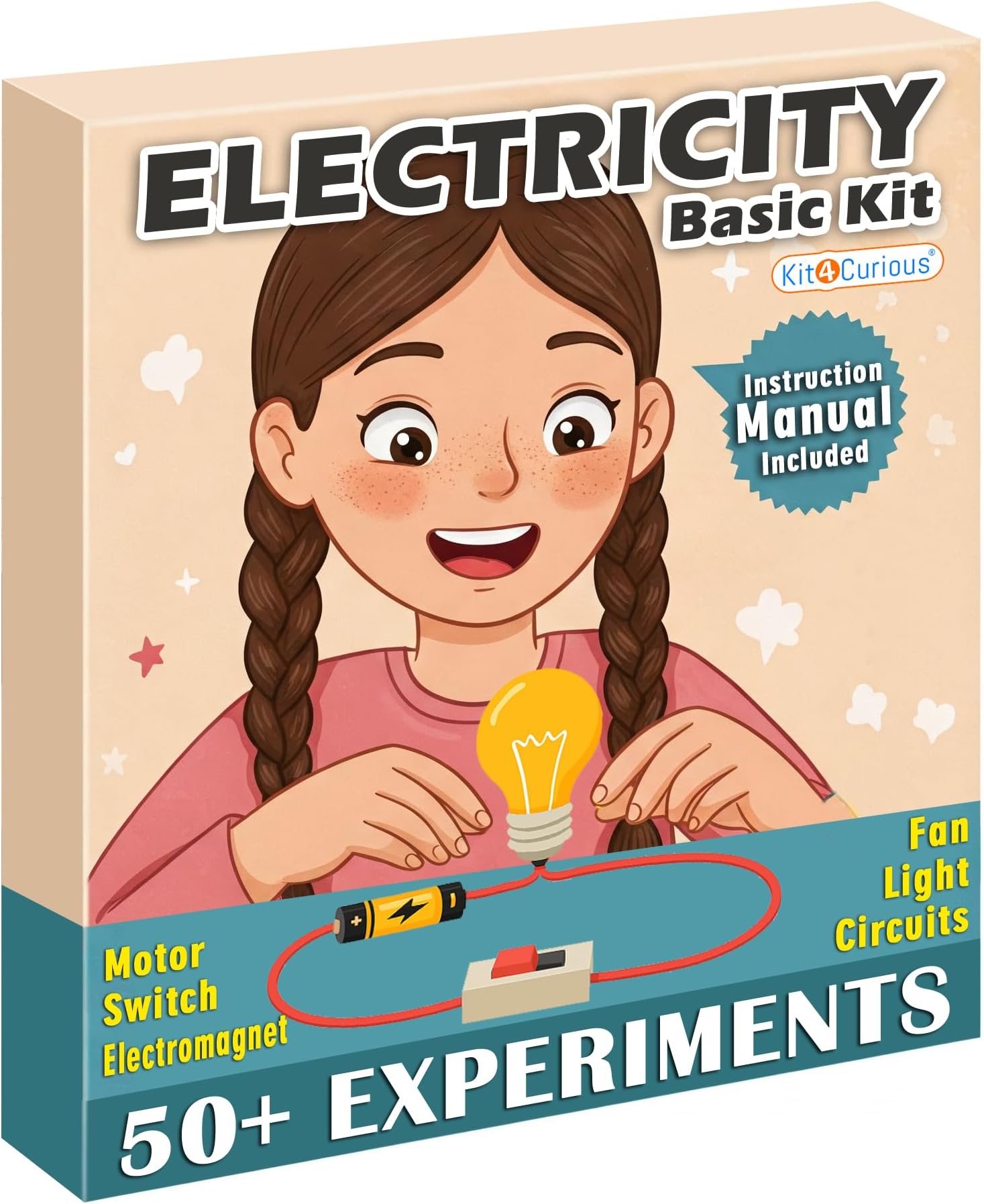 Kit4Curious Basic Electricity kit - 50 Experiment Science DIY STEM Learning Electric Circuit Project Kit – Motor, Fan, Bulb, Electromagnet, Switch, Wire etc
