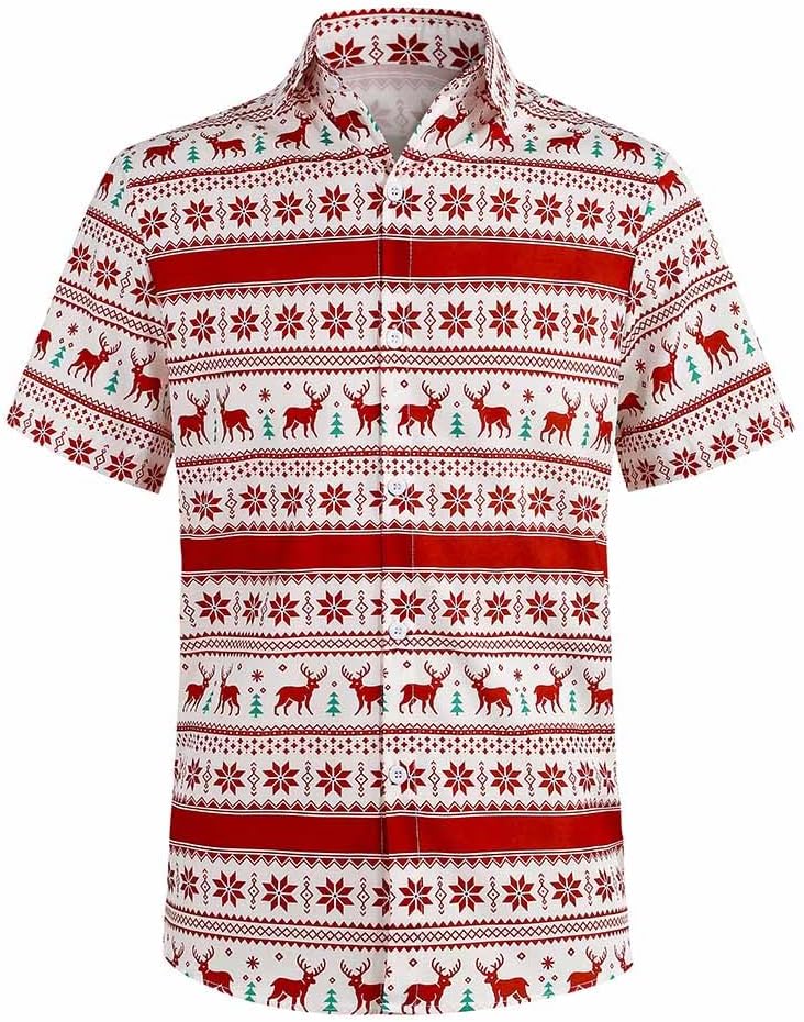 yolsun Christmas Shirt for Men Casual Button Down Short Sleeve Hawaiian Shirt(Chritmas Red-001,L)