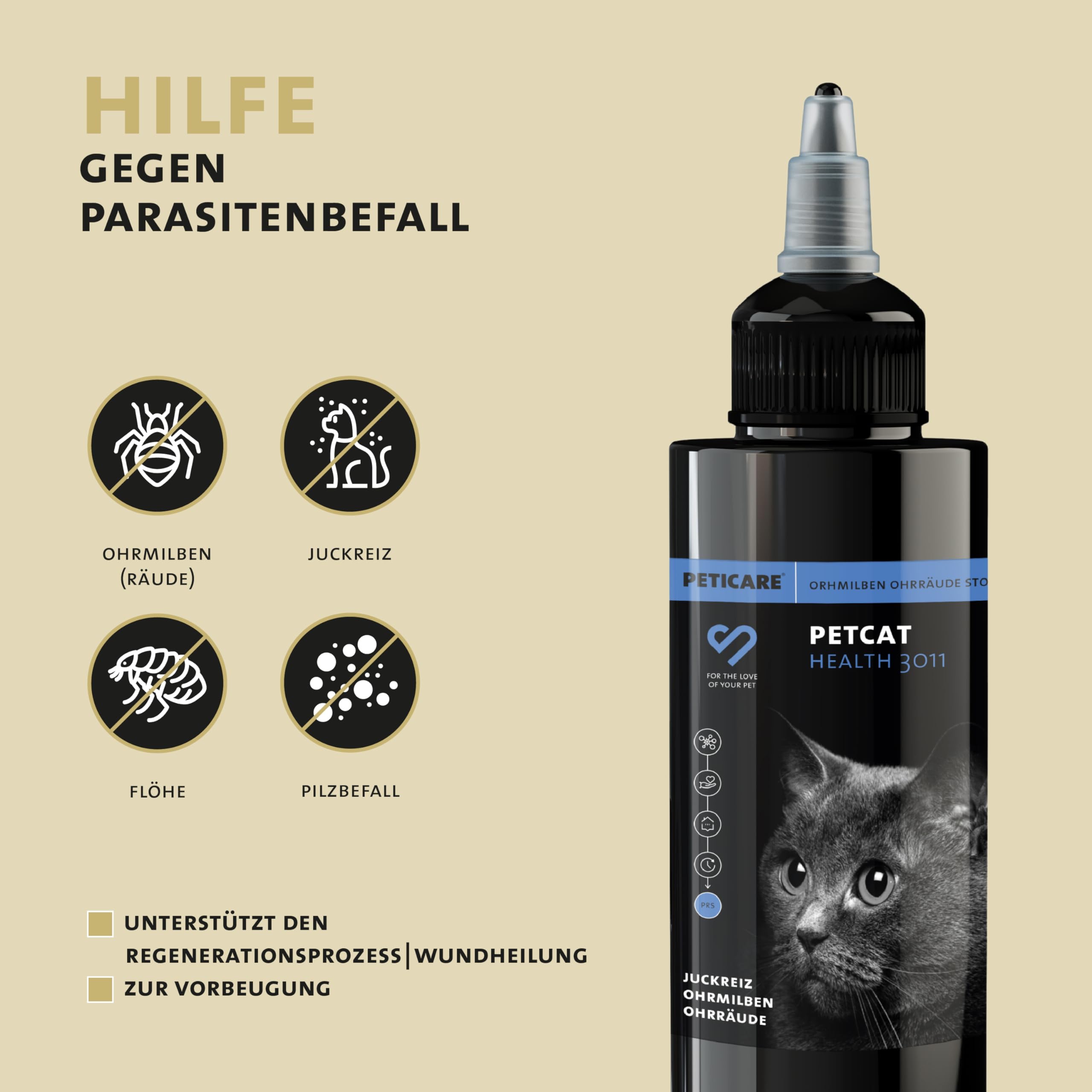 Peticare Anti-Parasiten Mittel für Katzen-Ohren | Gegen Ohrmilben Räude Pilze | lindert Juckreiz & fördert Regenerationsprozess | einzigartiges PRS® System für Lange Wirkung - petCat Health 3011