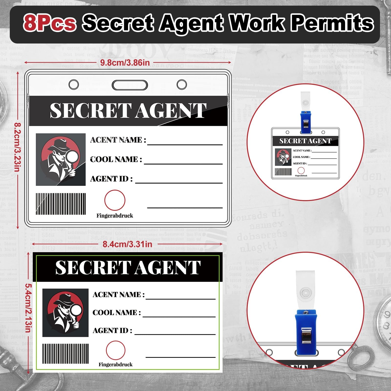 Set di 48 accessori per feste detective con pennarelli, lenti d'ingrandimento, carte d'identità, blocchi per appunti, tamponi per impronte digitali e buste per eventi a tema