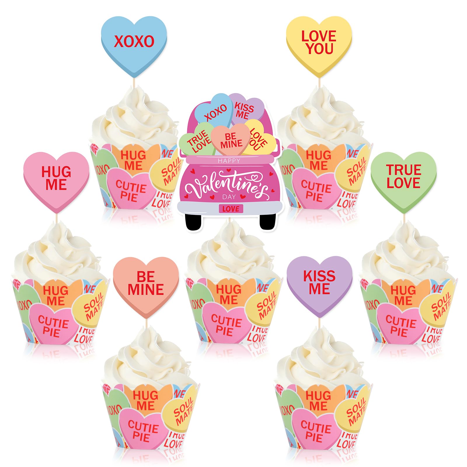 Whaline 72Pcs Valentine Cupcake Wrappers and Cake Toppers Set Conversation Heart Truck Cupcake Picks Colorful Heart Cupcake Liners for Dessert Decoration