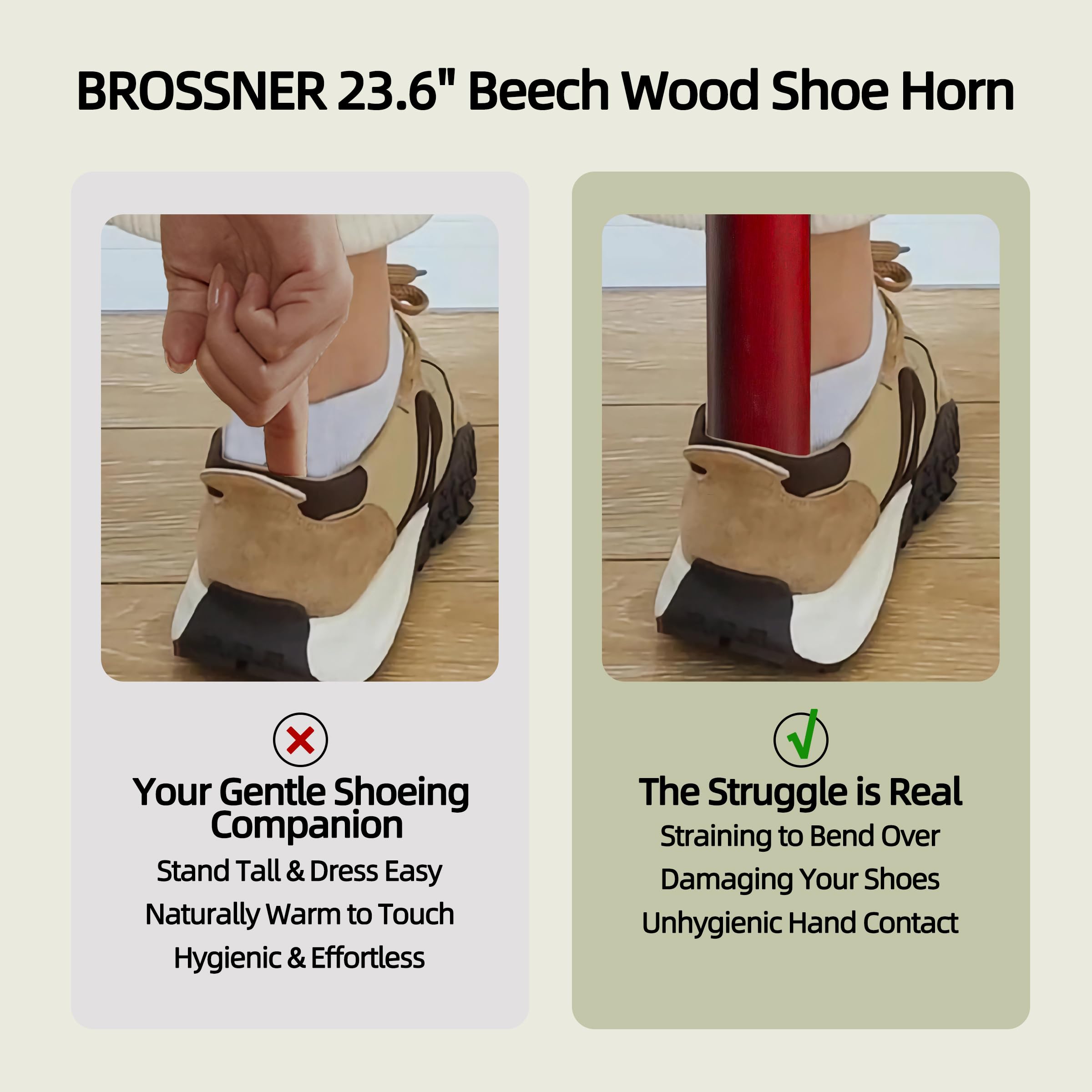 Brosisincorp Calzador de madera con mango largo para personas mayores, 23.6 pulgadas, fácil de llevar, para mujeres, niños, bebés, ancianos, anillos colgantes