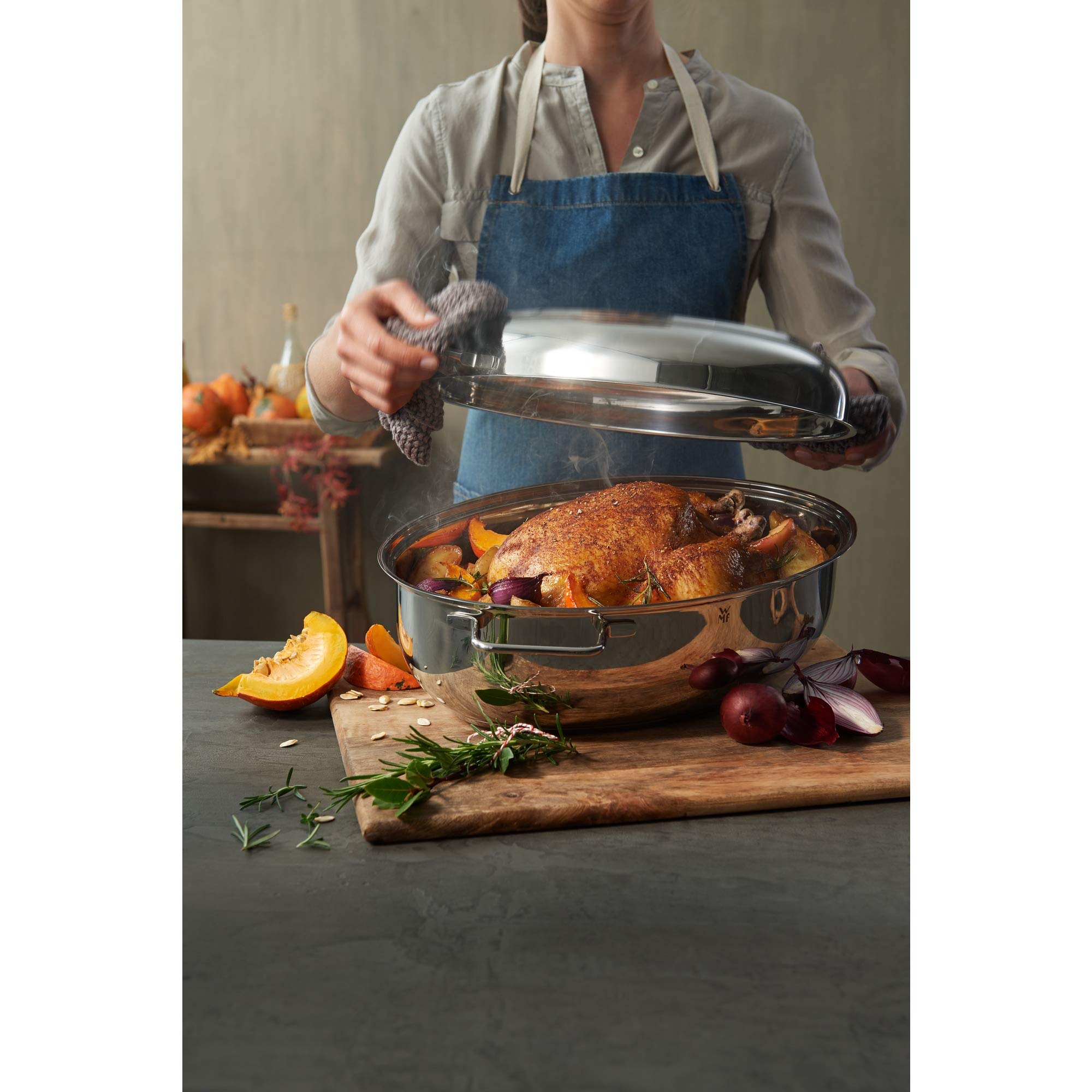 WMF 0788009990 - Rostiera in Cromargan: acciaio INOX 18/10, con coperchio utilizzabile come padella