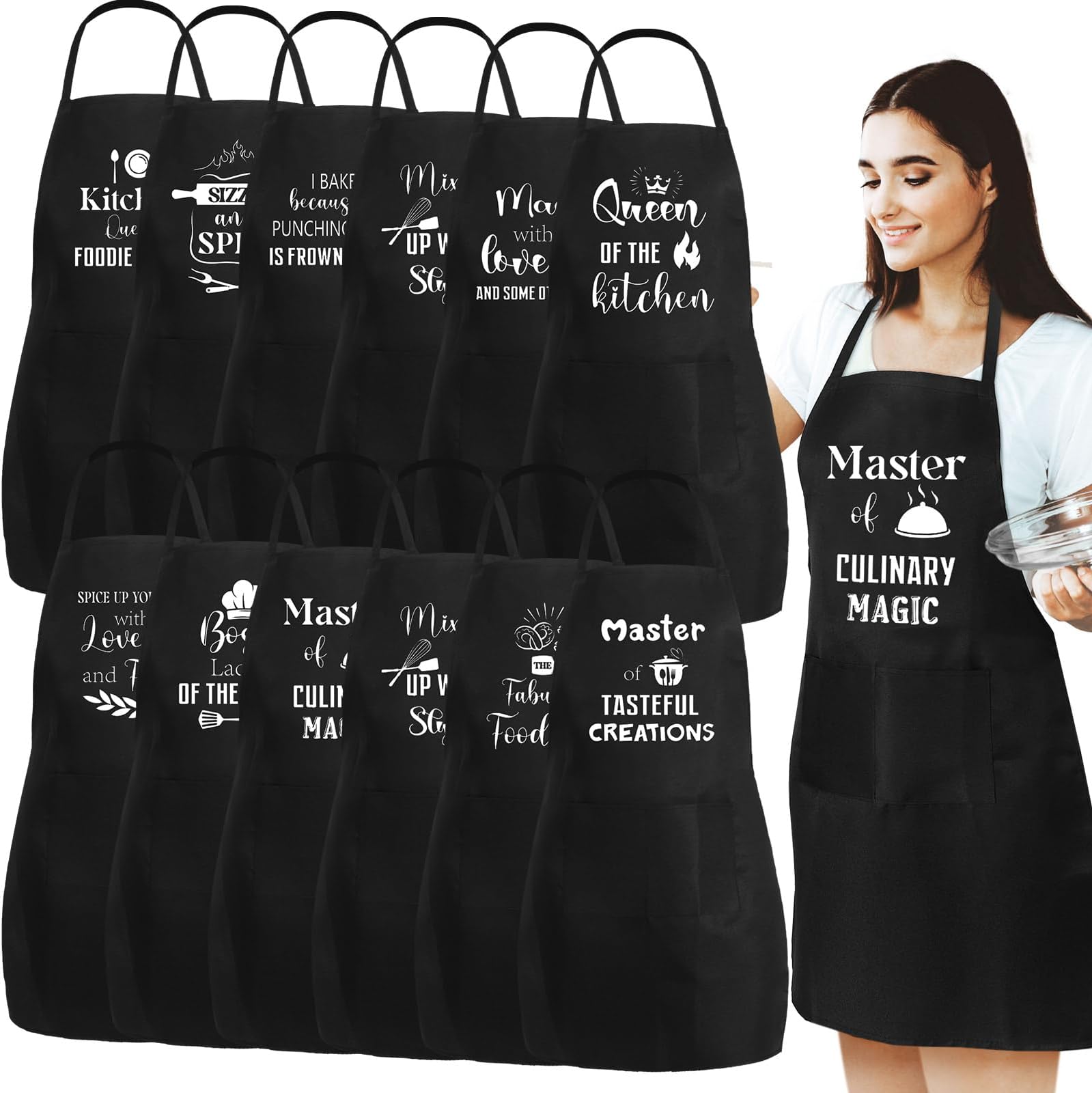 Sliner 12 Pcs Polyester Cooking Aprons for Women with Pockets Funny Grilling BBQ Cute Chef Apron Women Novelty Baking Cooking Gifts for Women Christmas Wife Mother's Day Birthday Gifts, Black and