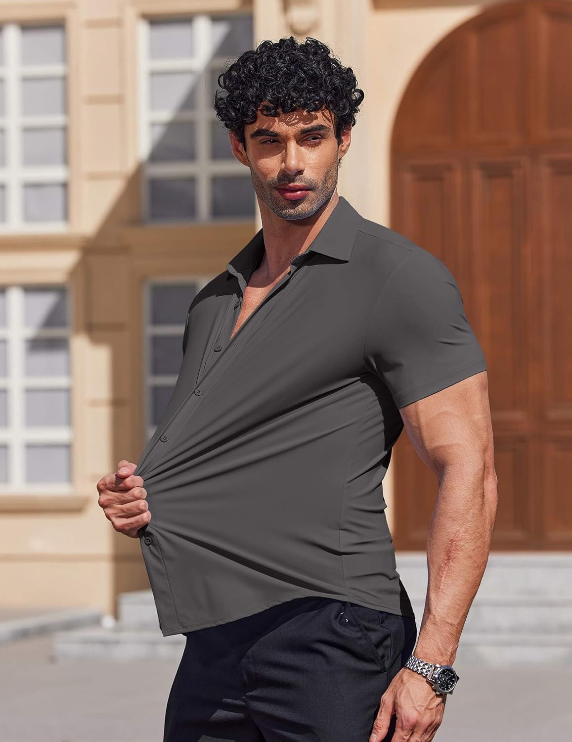COOFANDY Mens Muscle Fit Dress Shirts Stretch Wrinkle Free Short Sleeve Button Down Shirt Casual Solid Untucked Shirt - Image 4