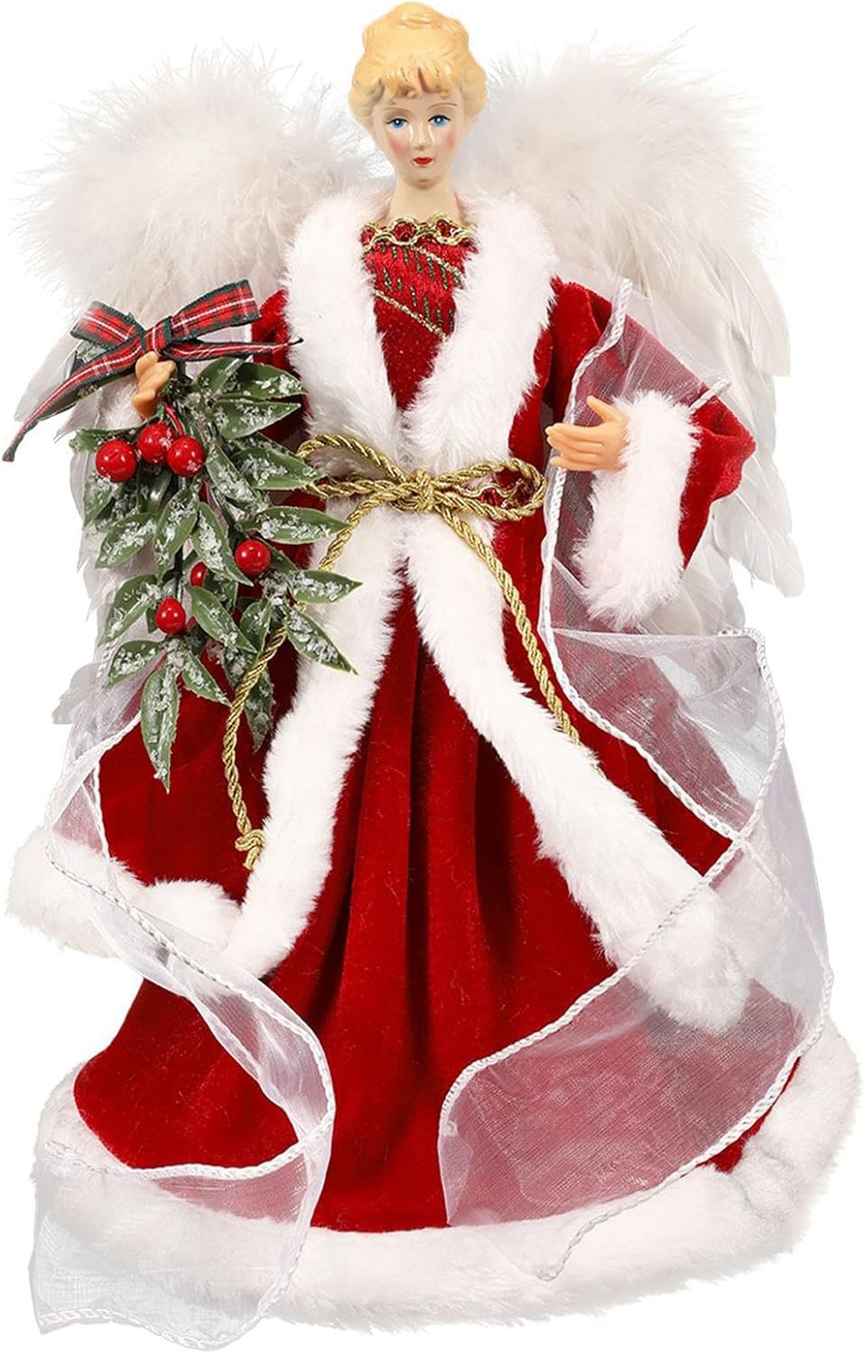 Christmas Tree Topper - 13 Inch Angel with White Feather Wings, Angel Christmas Tree Topper, Decoration