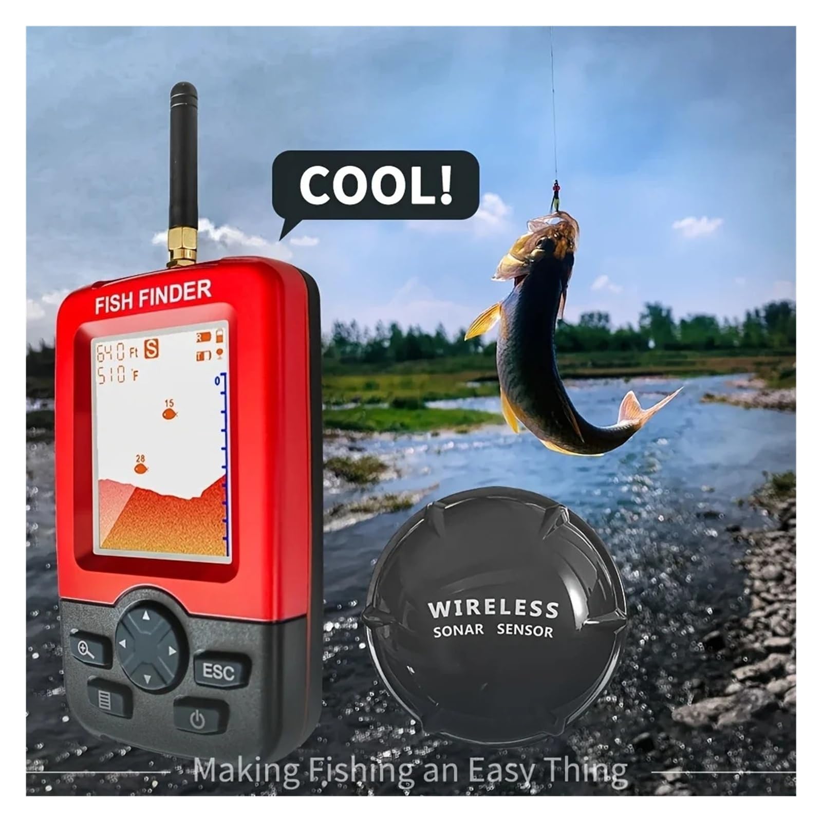 Ecoscandaglio, Ecoscandaglio portatile, con sensore sonar wireless, profondità 0,6M-30M