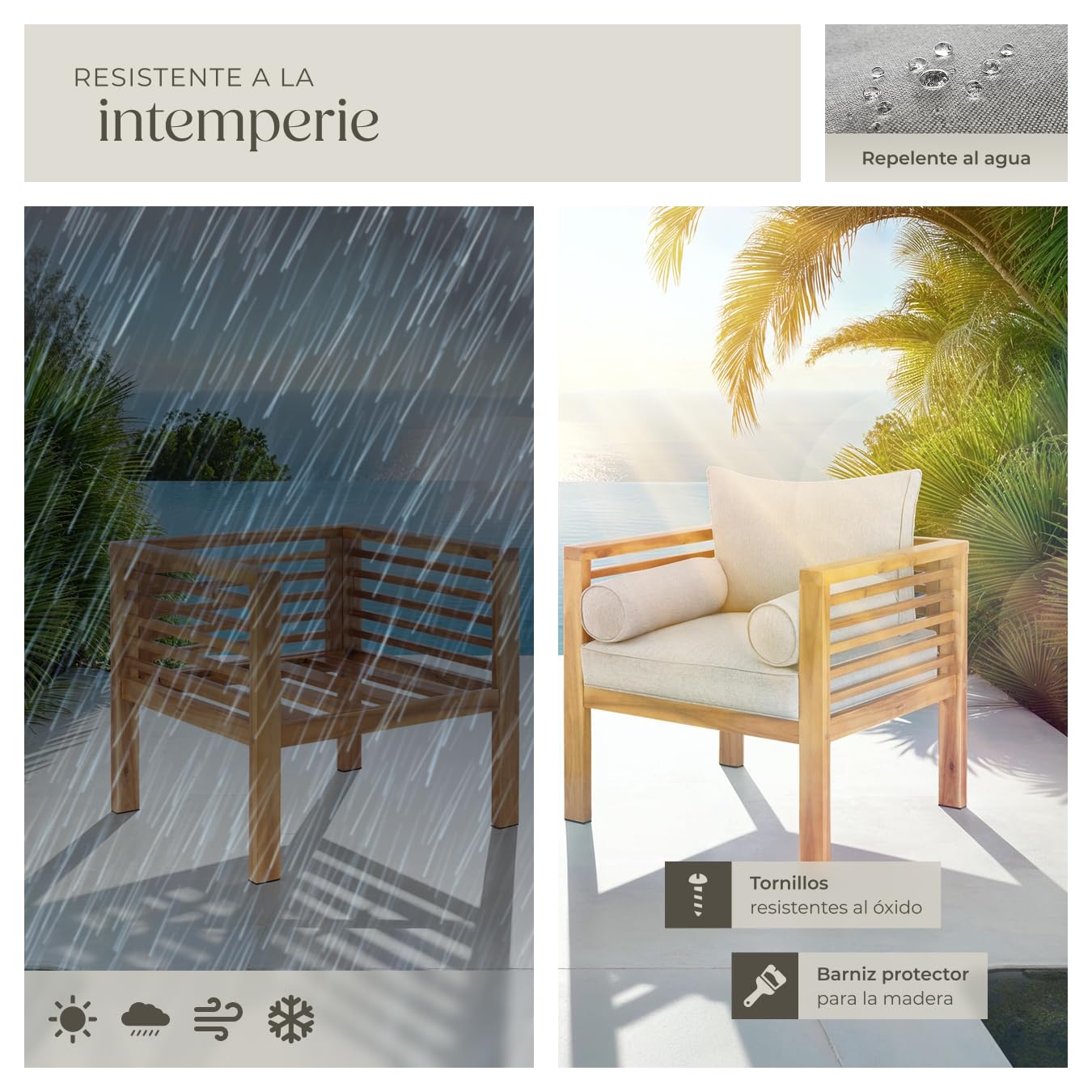tectake® Sillón de Jardín, Silla de Terraza, Diseño Moderno y Minimalista, Madera Barnizada, Fundas Repelentes al Agua, Tapas Protectoras Antidelizantes, Mueble Jardin Exterior Resistente a Intemperie