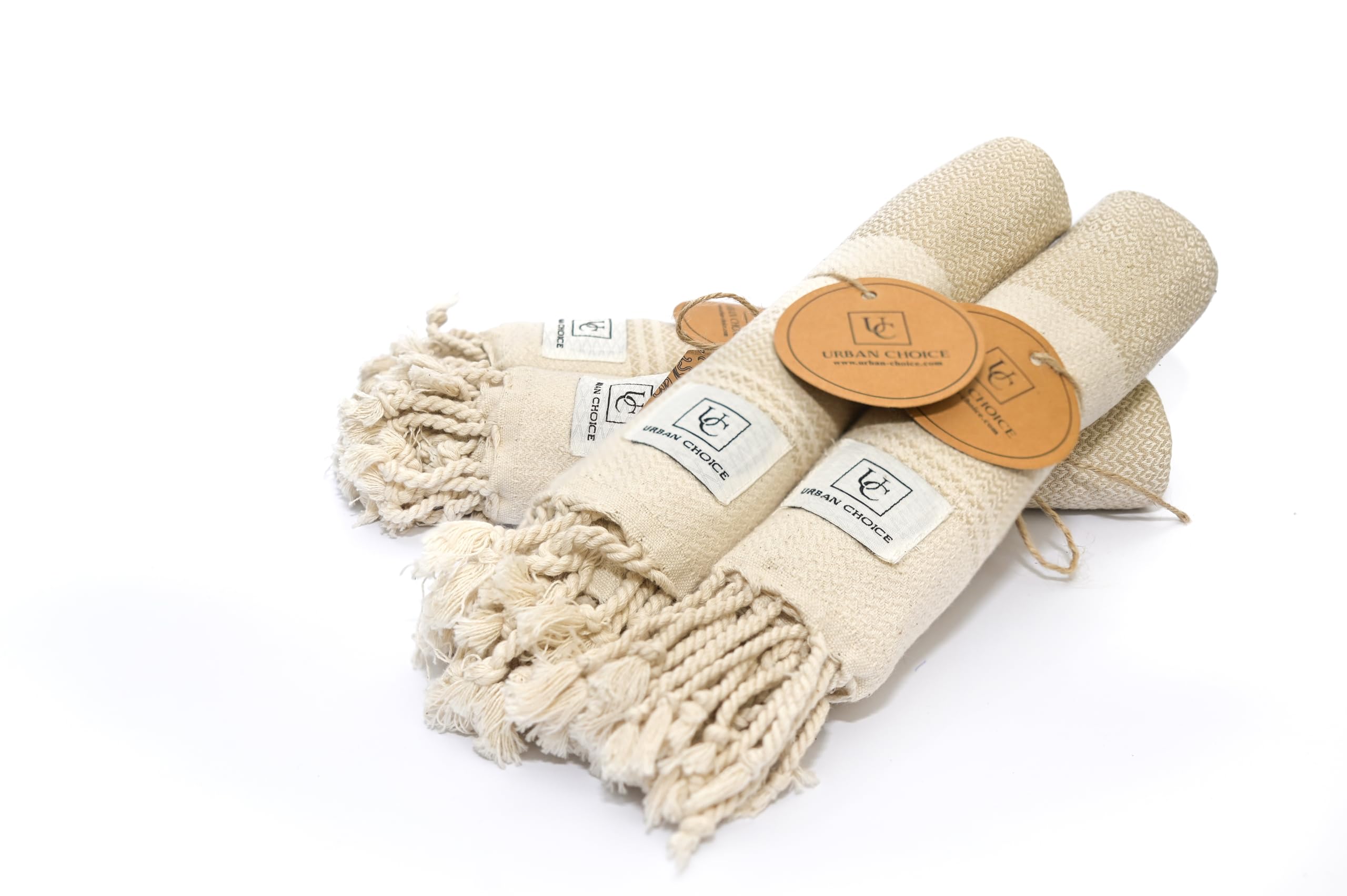 URBAN CHOICE Turkish Hand Towels with Hanging Loop(18" x 38"), Set of 4, Prewashed, Multipurpose Decorative Hand Towels for Bathroom,Hand,Kitchen,Face,Yoga,Gym,Tea (Beige, Diamond - Pack of 4)
