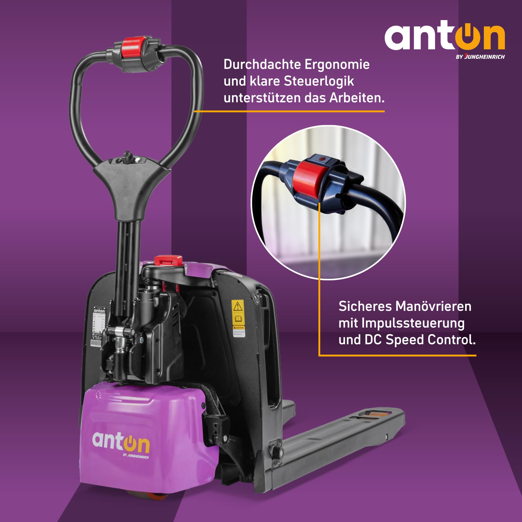 AntOn by Jungheinrich Elektro-Hubwagen | 1.500 kg Tragkraft | 1.150 mm Gabellänge | Lithium-Ionen-Batterie 24 V / 20 Ah | Kurze Ladezeit | externes Ladegerät | 2. Akku integrierbar | E-Hubwagen