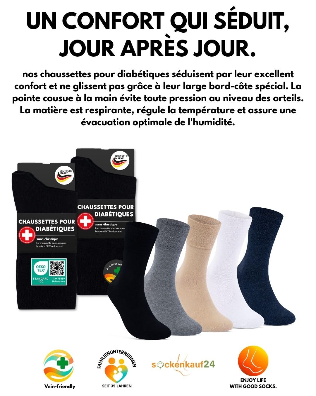 Lot de 6 Paires de Chaussettes Diabetiques Homme Femme 97% Coton sans Elastique & sans Couture